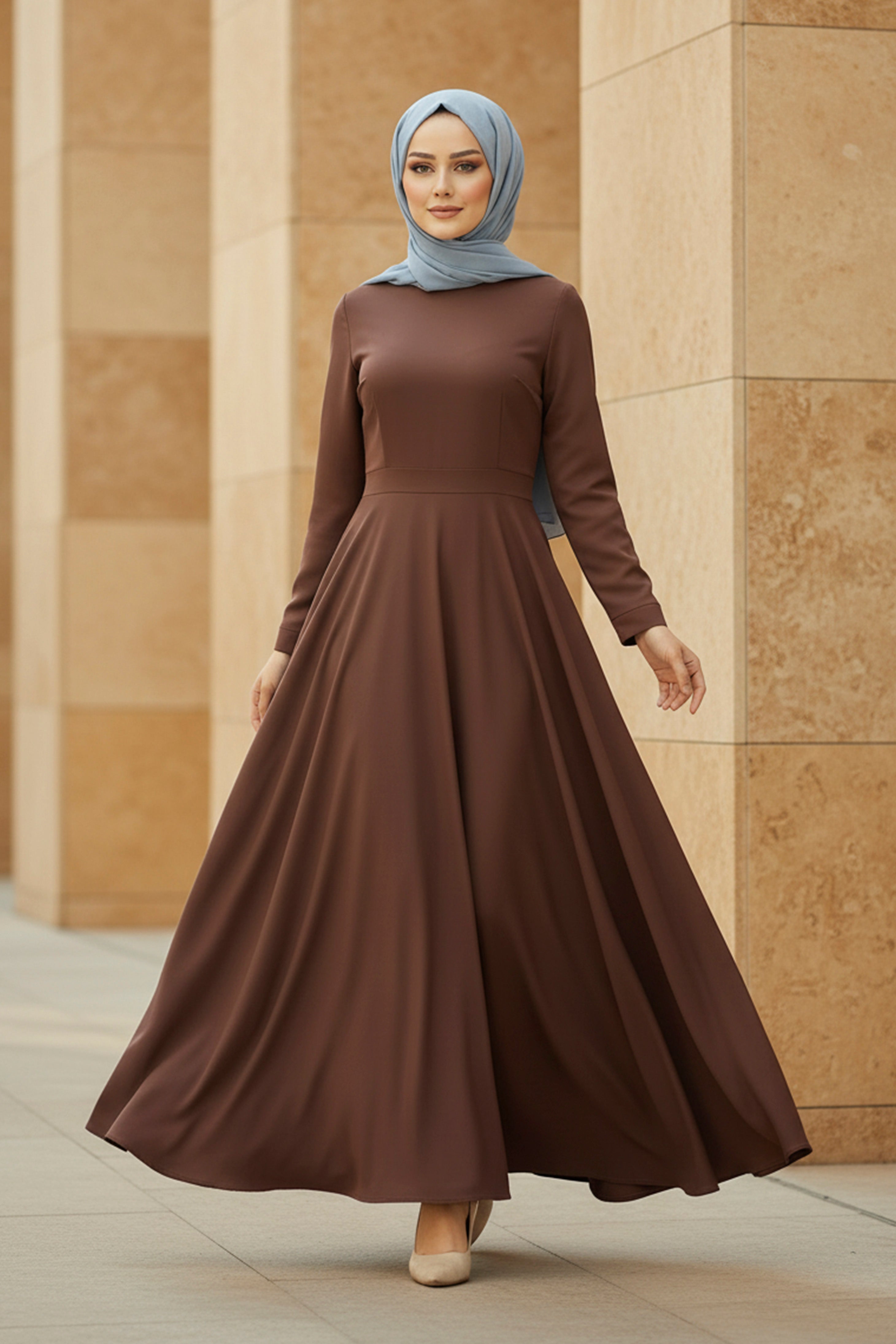 knee length dresses for ladies Brown Long Sleeve Modest Maxi Dress – Timeless & Elegant