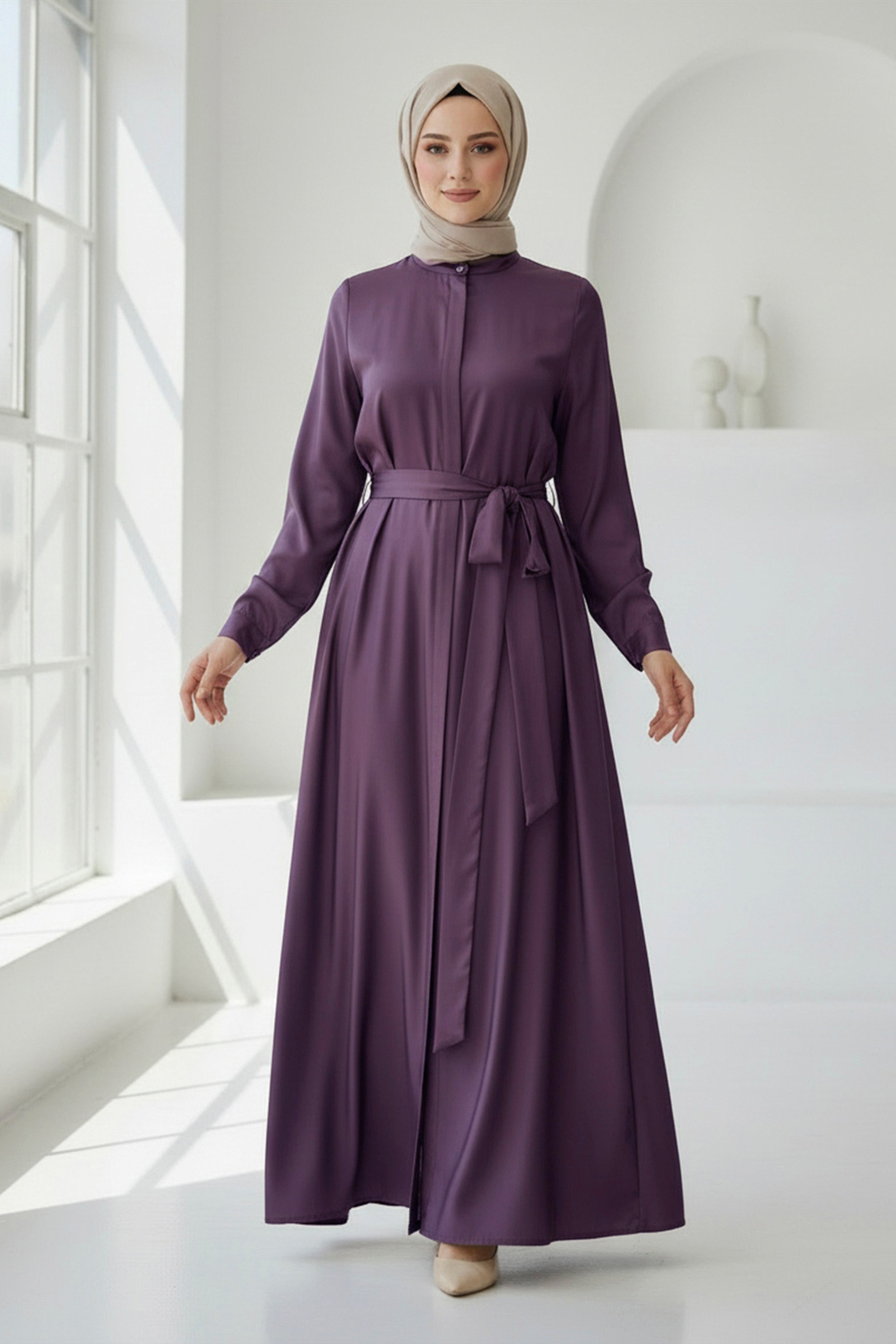 Dark Mauve Belted Modest Maxi Dress – Classic & Elegant – TOLAVITA