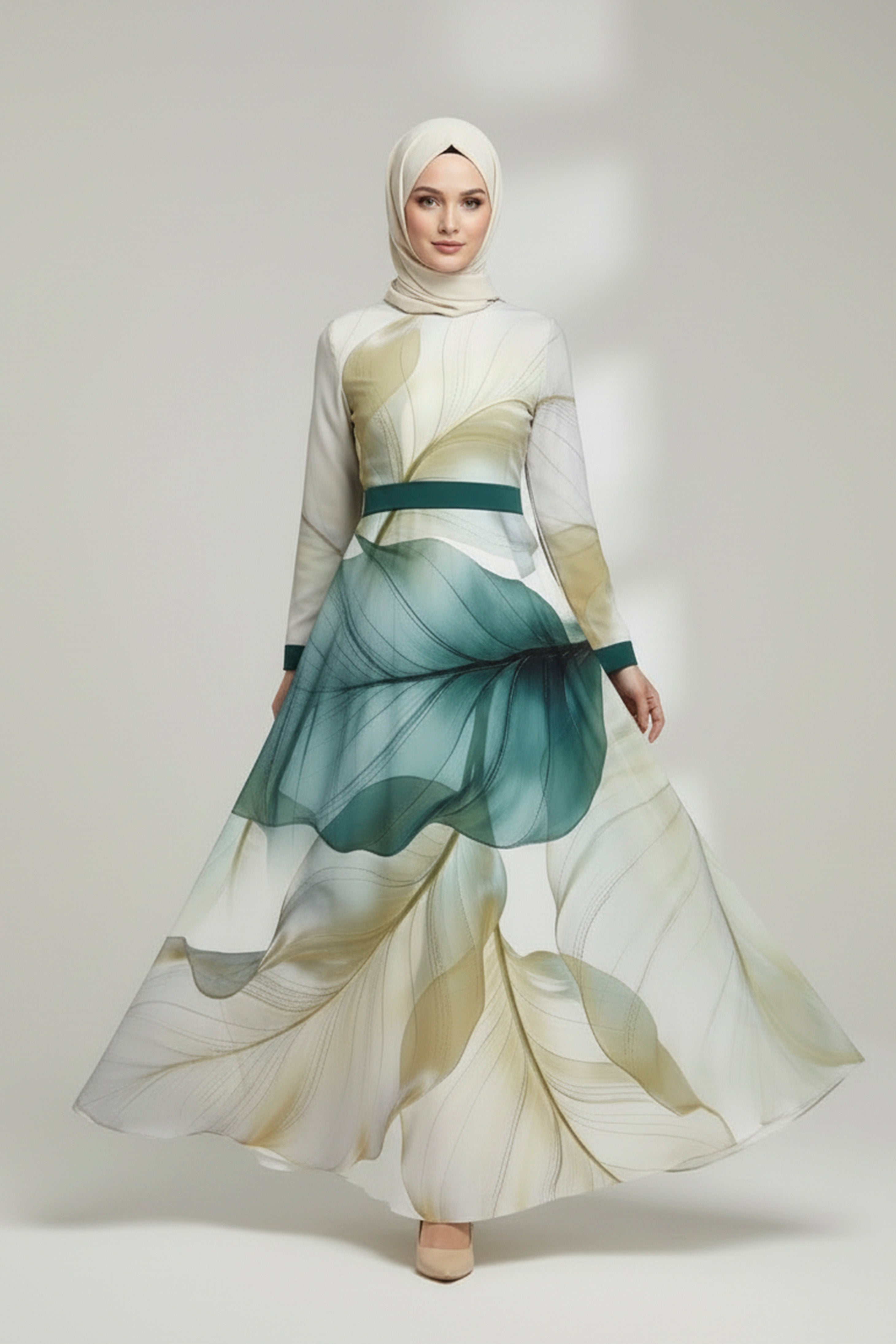 Green Artistic Modest Maxi Dress Elegant Flowing Silhouette M Green Artistic Modest Maxi Dress Elegant Flowing Silhouette M
