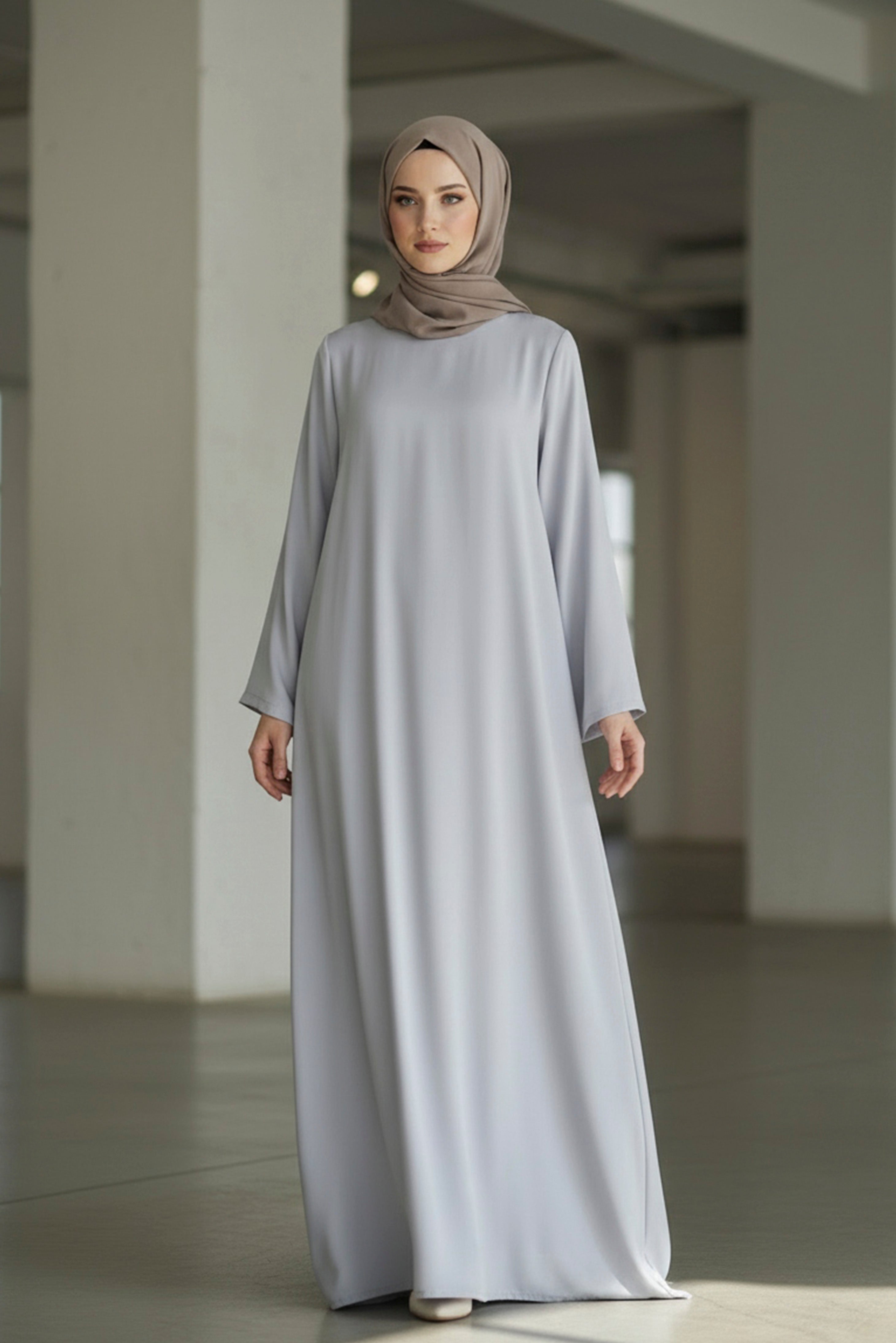 maxi dress straight cut Light Grey Straight-Cut Modest Maxi Dress – Minimal & Chic S