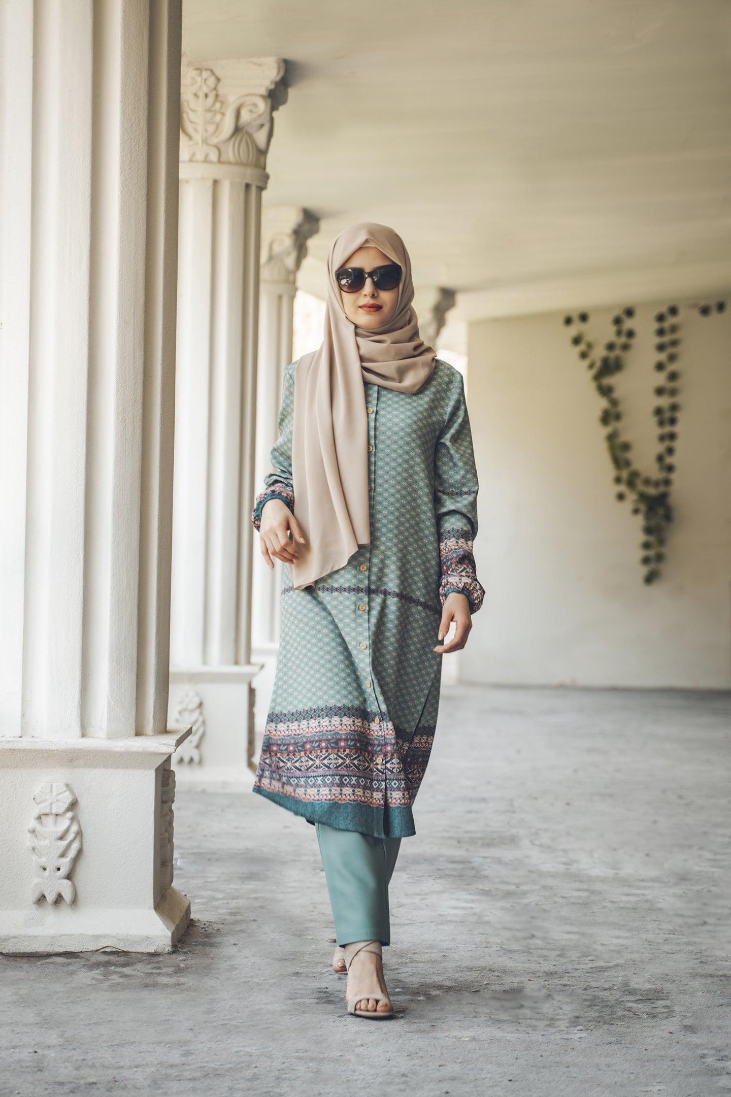 long shirt dress abaya Brown Printed Shirtdress Abaya
