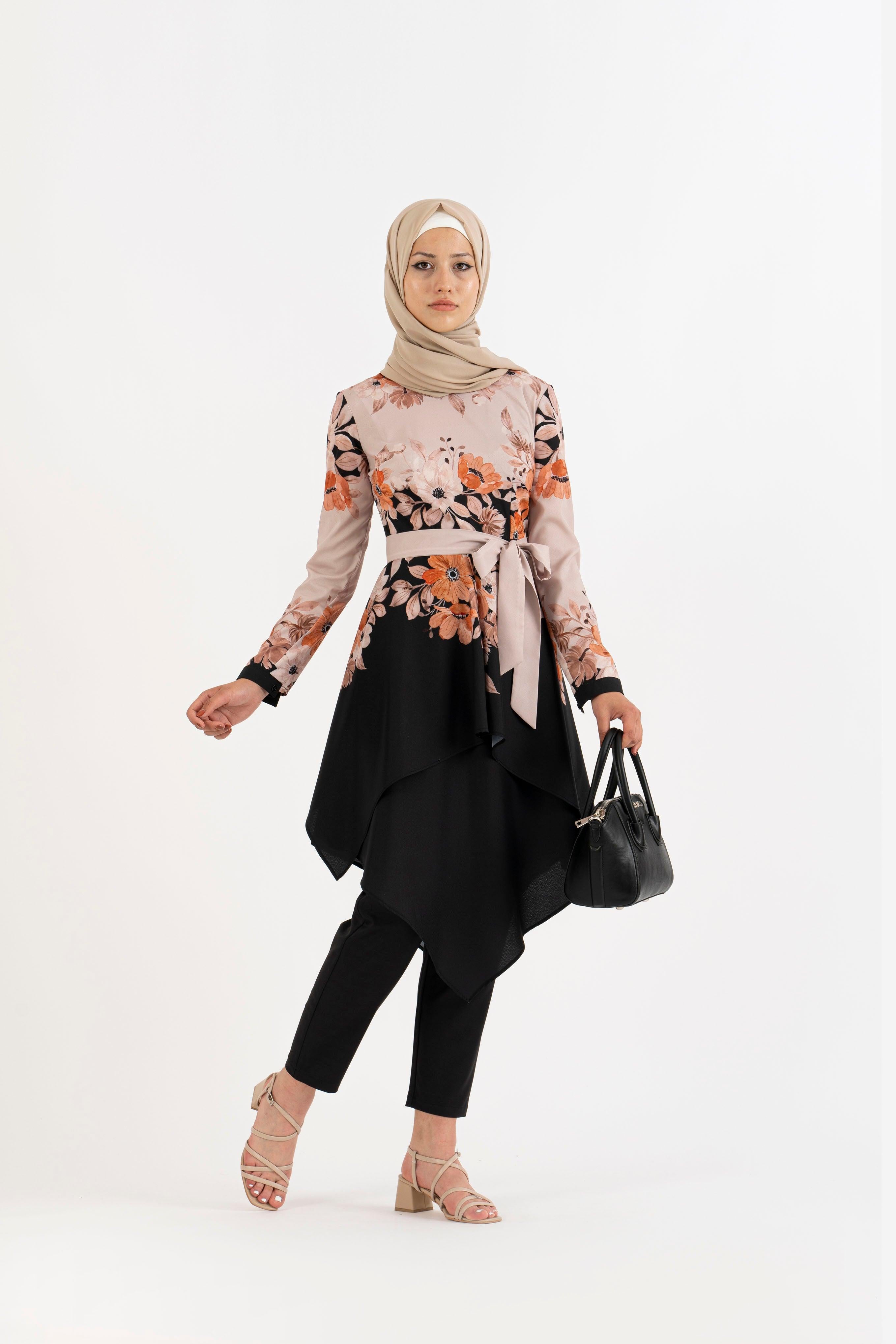 Ivory black floral tunic - Modest Dresses, Abaya, Long Sleeve