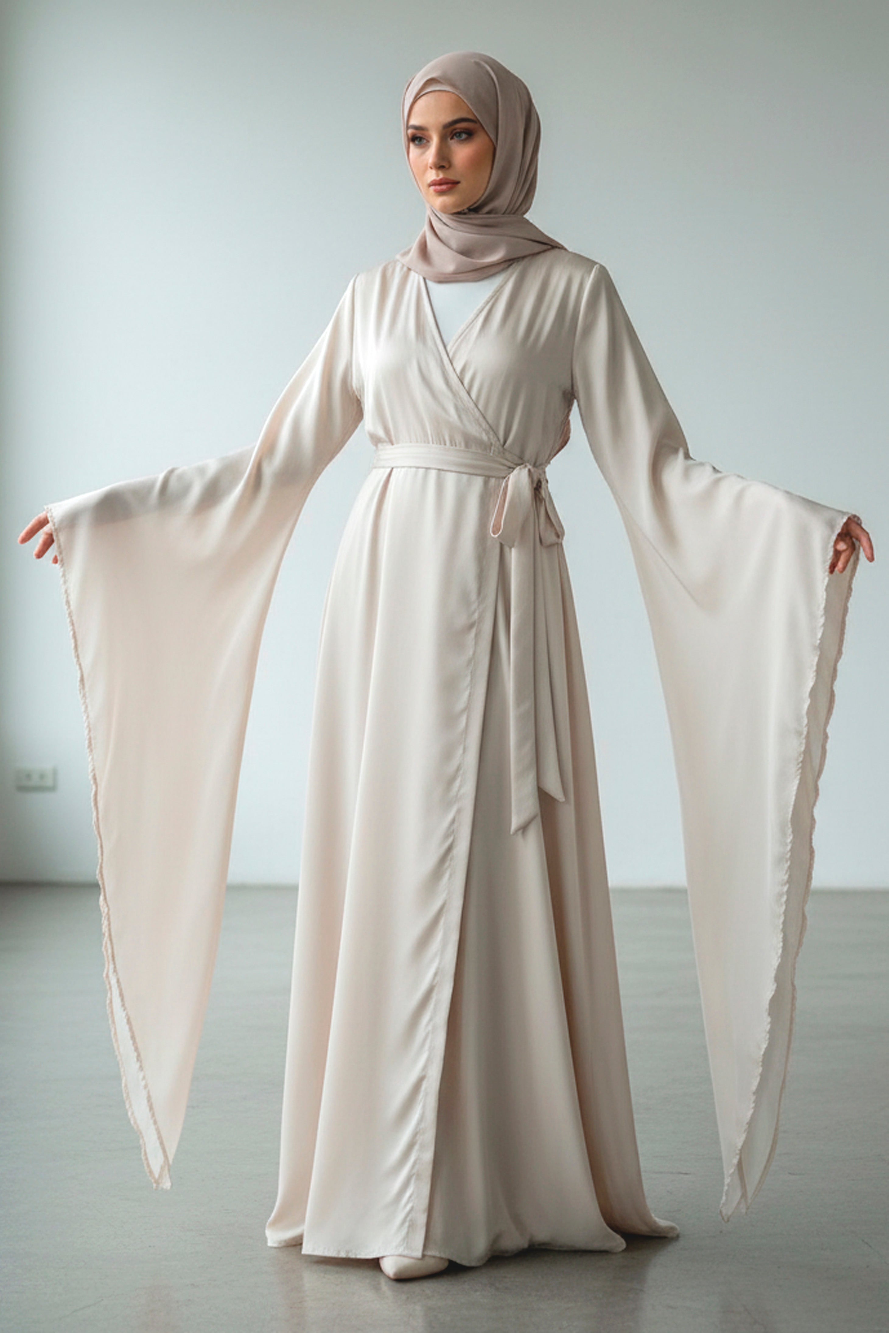 long sleeve white maxi dress modest Gown with Golden Embroidery and Cape 56in Dress Measurements Off-White Wide Sleeve Modest Maxi