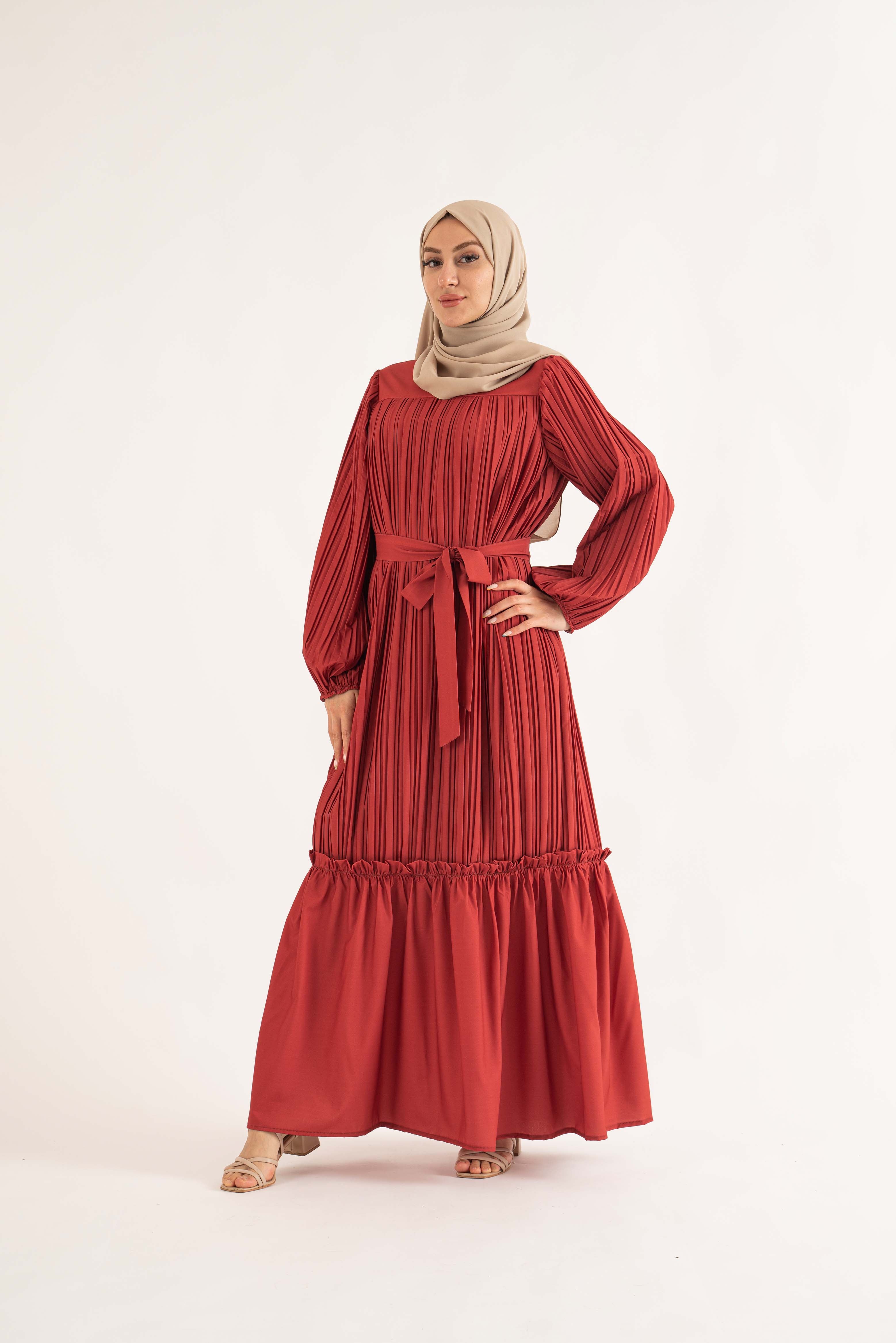 Aayat Pleat Maxi Dress - Ruby Red exclusive at TOLAVITA-Modest