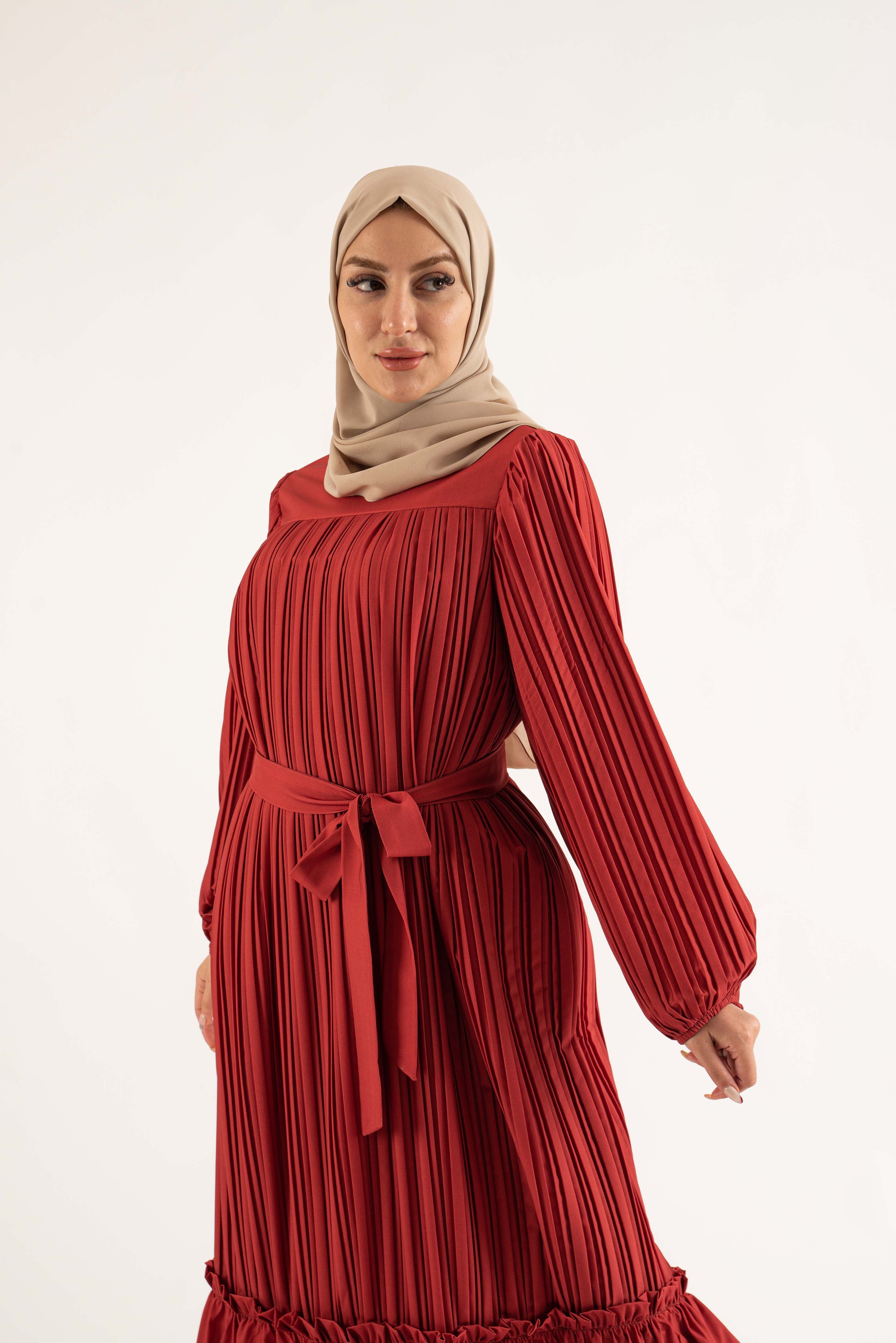 Aayat Pleat Maxi Dress - Ruby Red exclusive at TOLAVITA-Modest