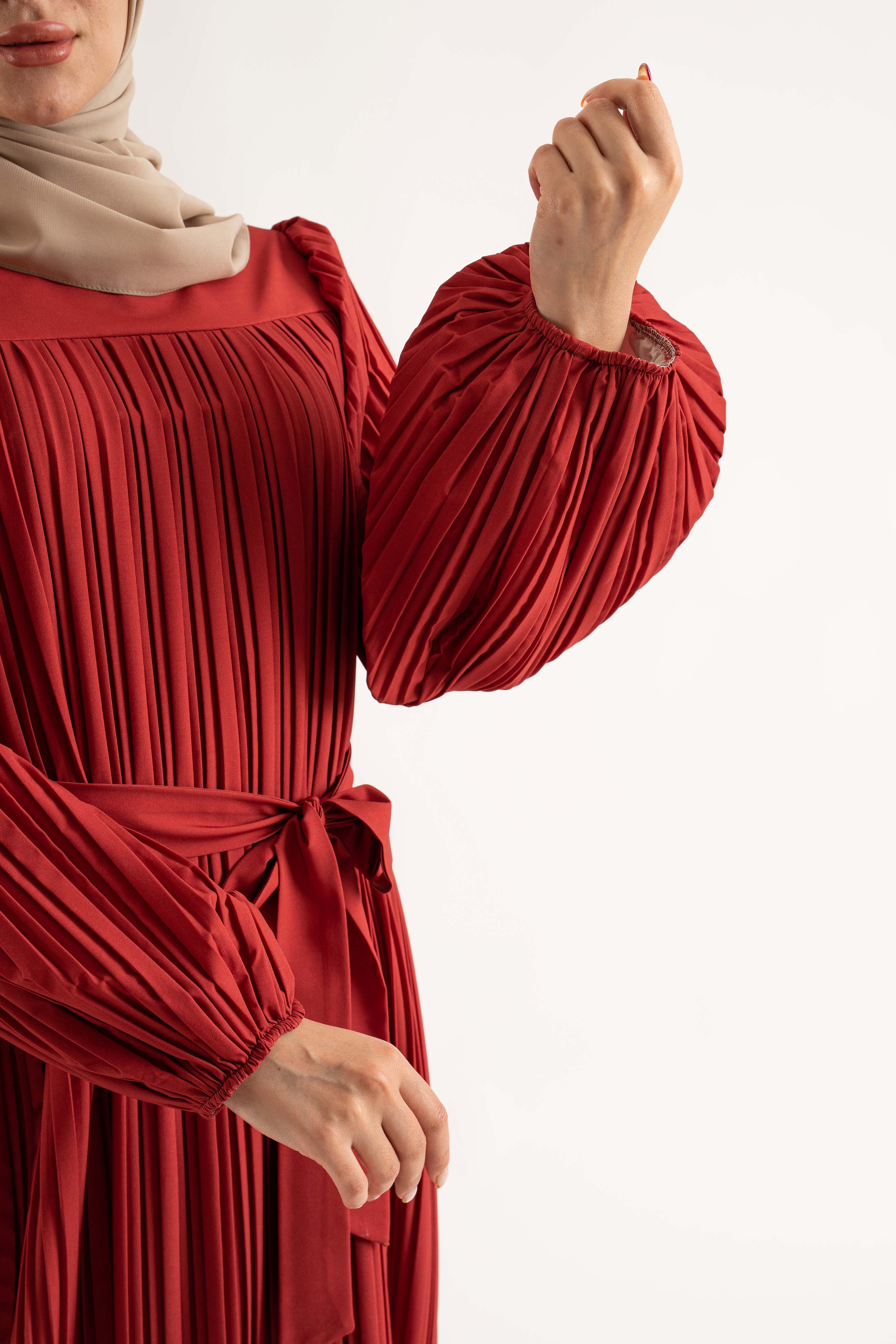 Aayat Pleat Maxi Dress - Ruby Red exclusive at TOLAVITA-Modest