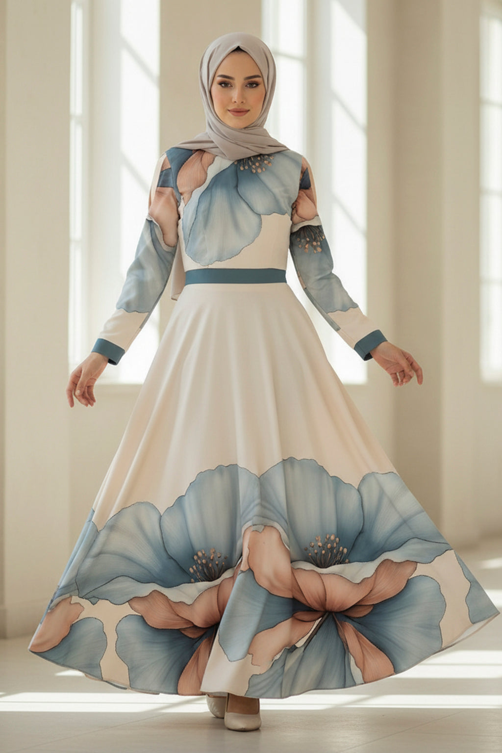 Artistic Floral Modest Maxi Dress with Soft Blue Petal Design