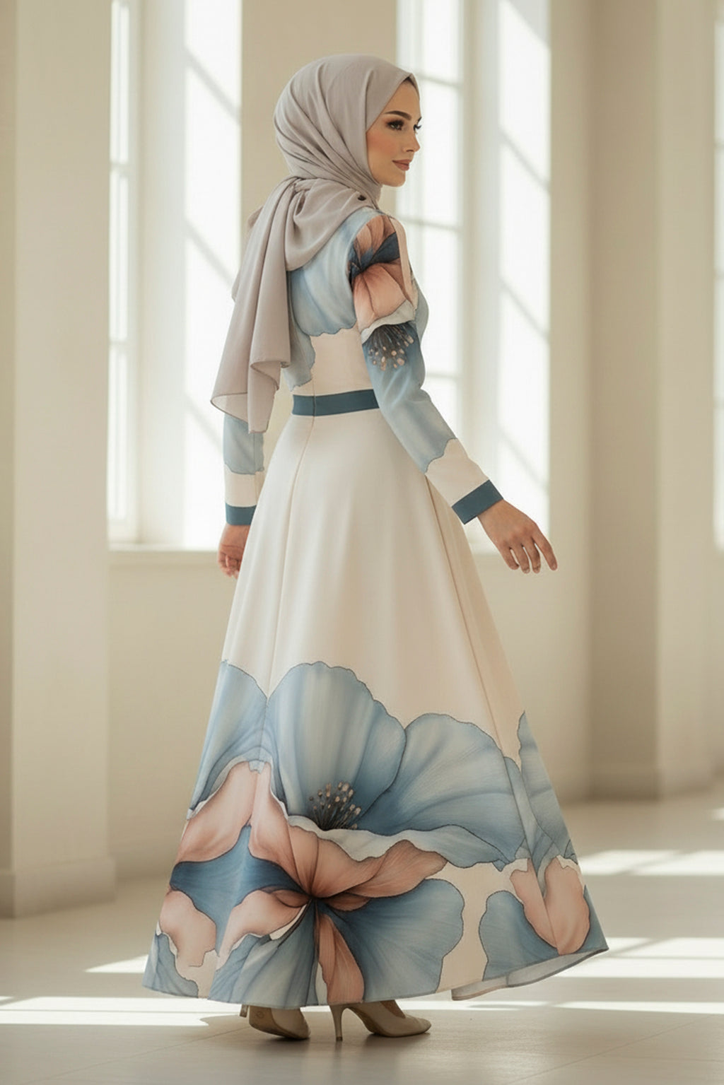 Artistic Floral Modest Maxi Dress with Soft Blue Petal Design