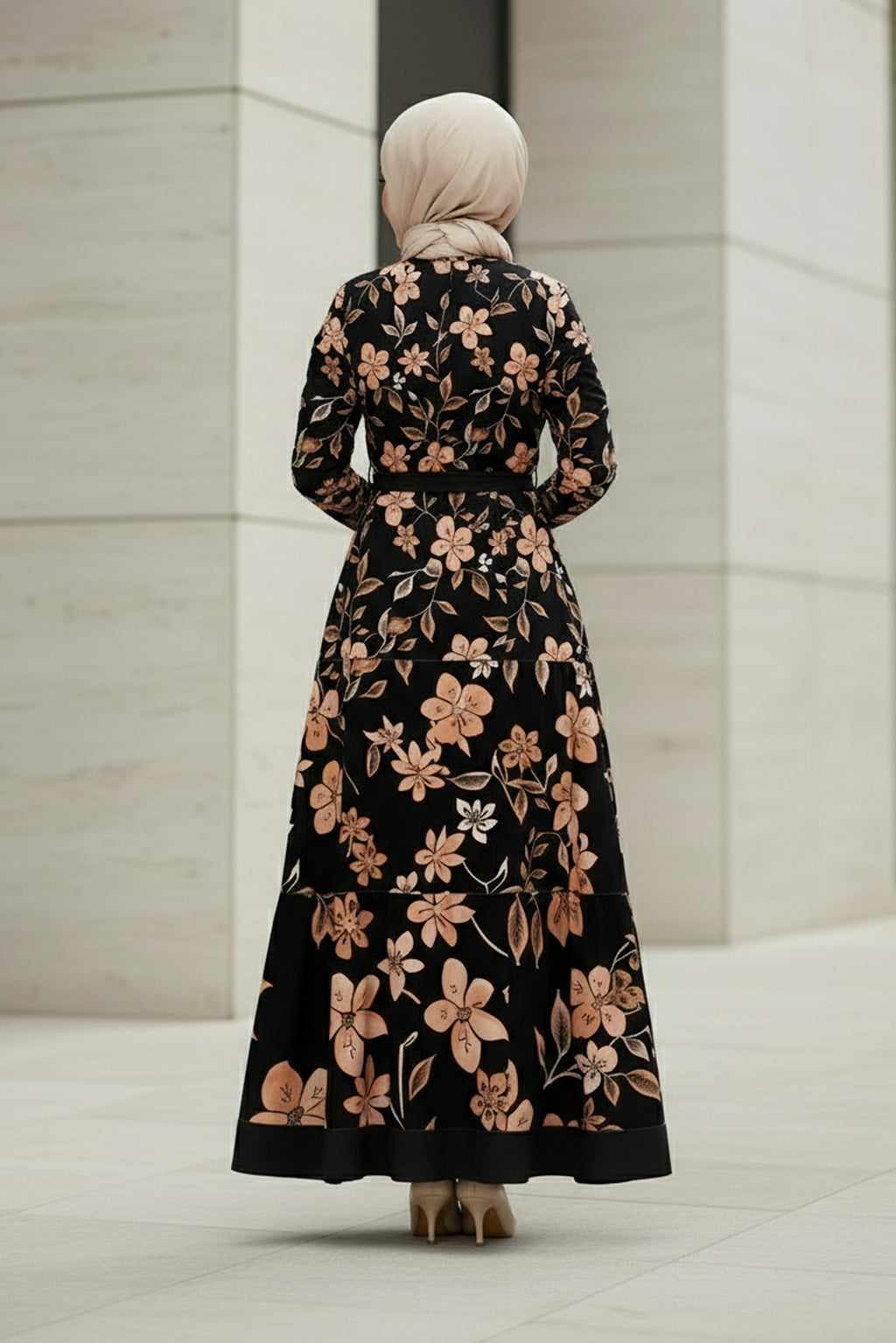 Elegant floral modest maxi dress with long sleeves and belt – modest Muslim women fashion by Tolavita