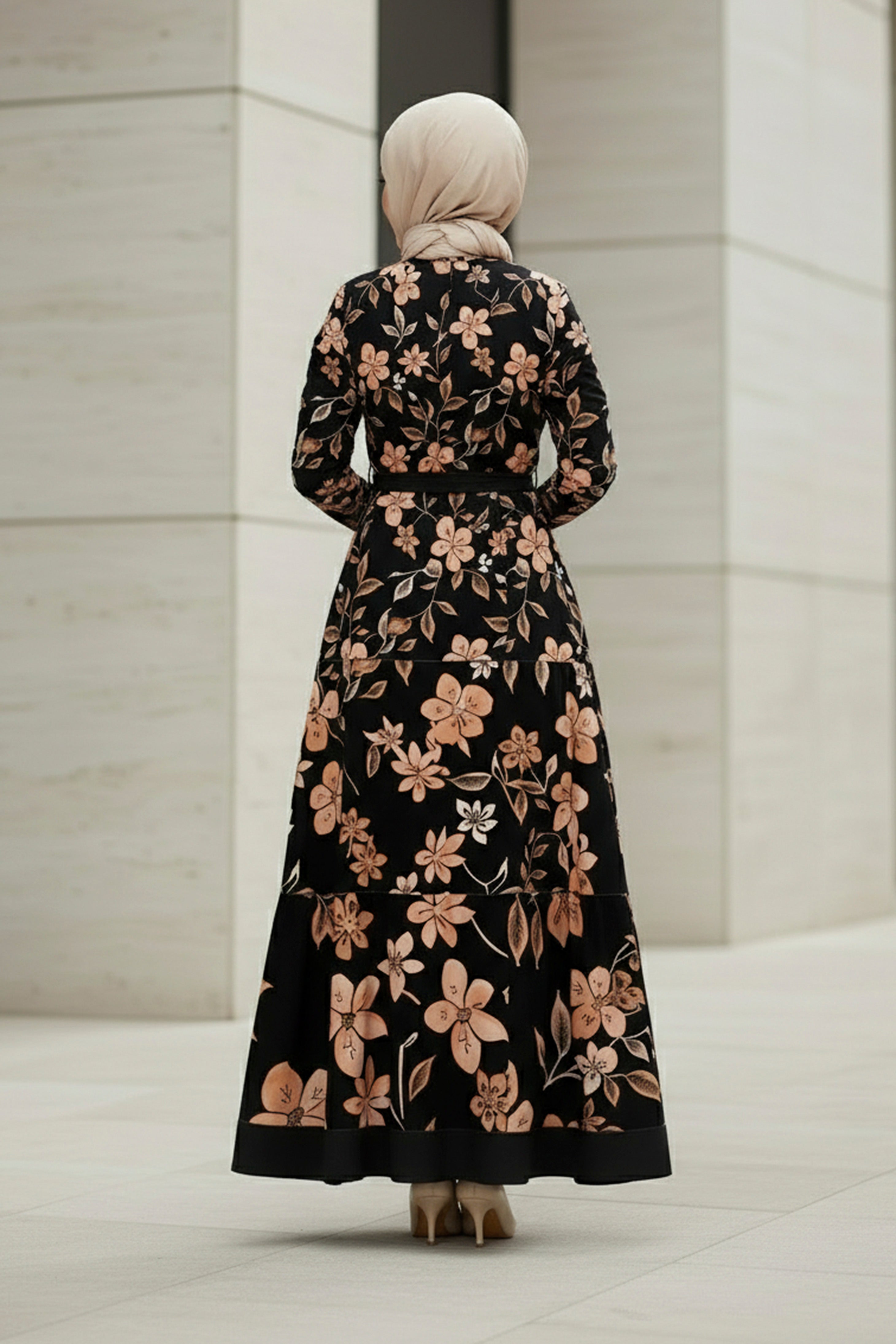 Elegant floral modest maxi dress with long sleeves and belt – modest Muslim women fashion by Tolavita