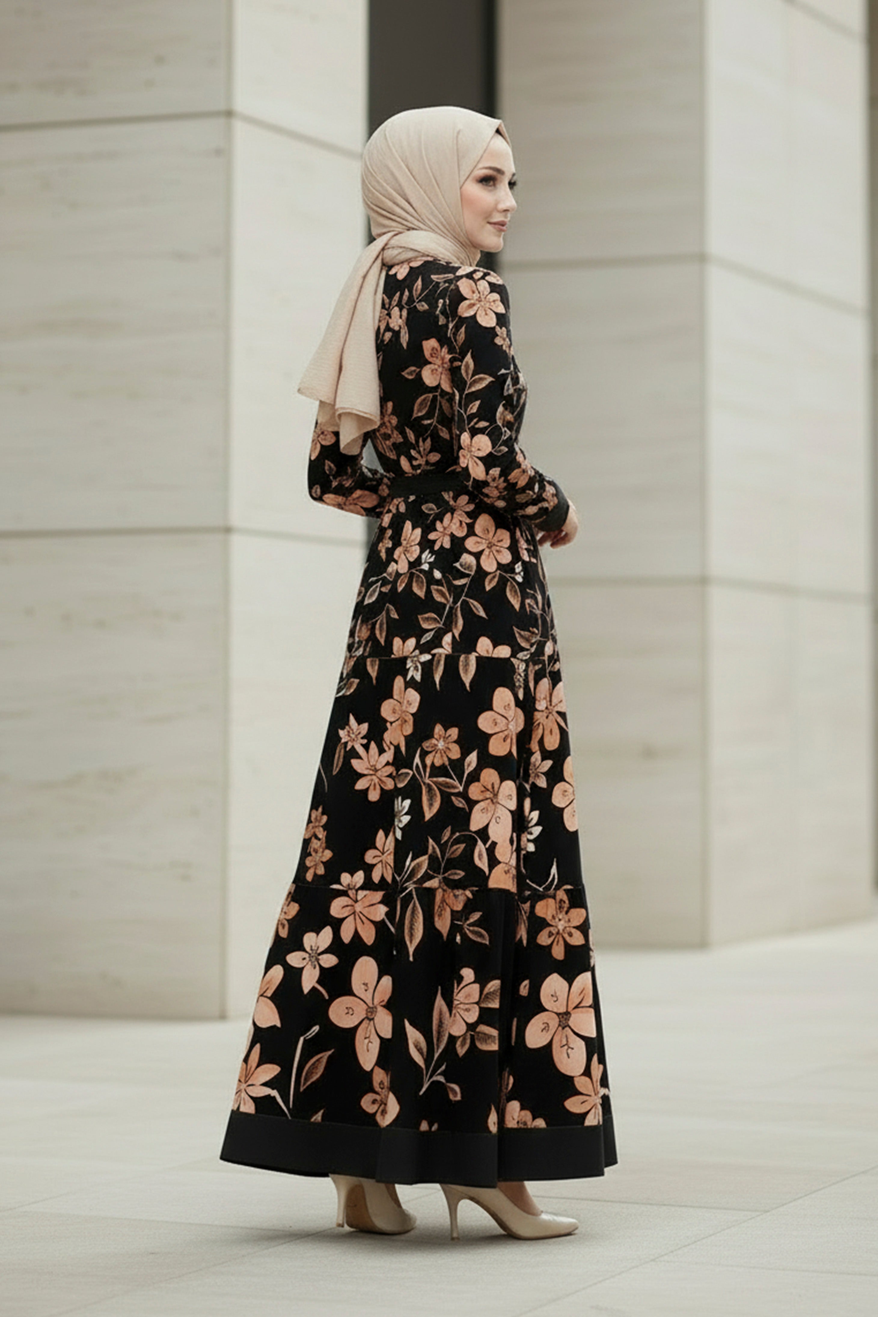 Black floral modest maxi dress for women with long sleeves and A-line silhouette
