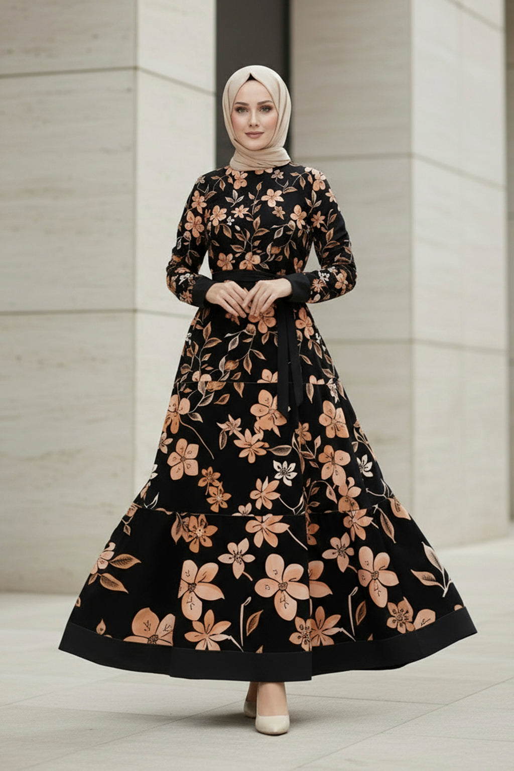 Woman wearing a black floral dress with a hijab in an indoor setting