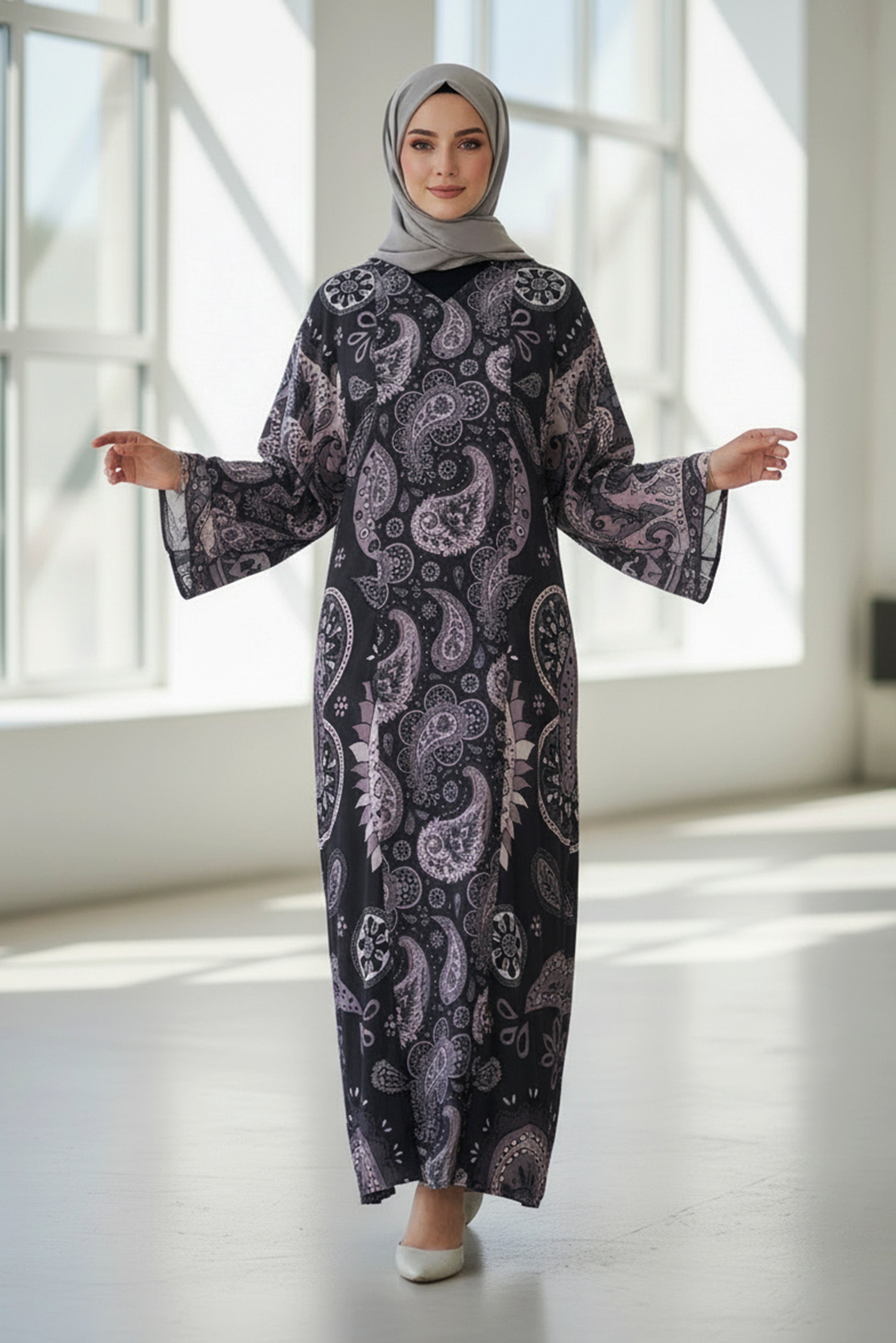 Black Paisley Modest Maxi Dress – Relaxed Fit Long Sleeve Dress for Women