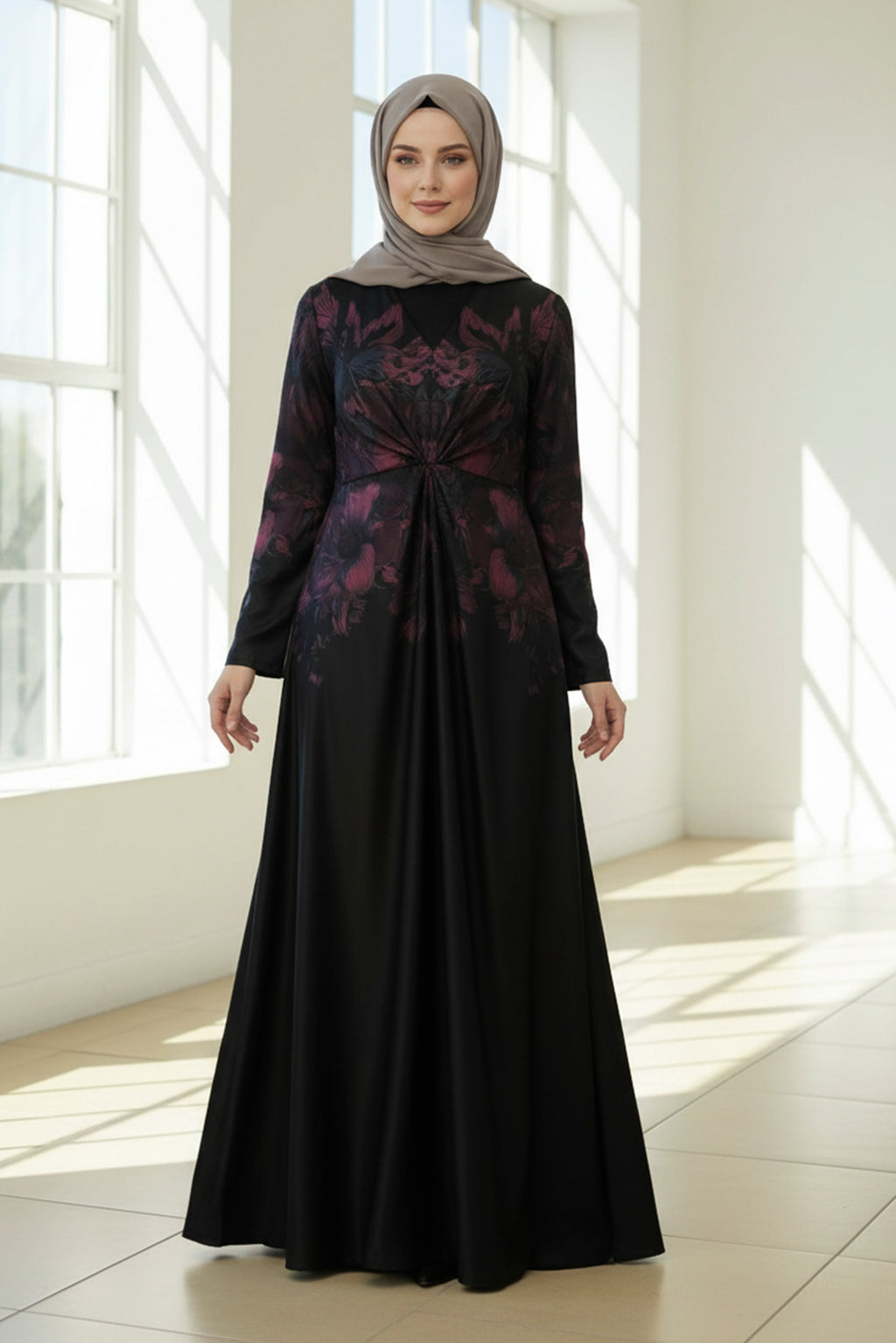 Black & Burgundy Floral Modest Maxi Dress – Long Sleeve Elegant Evening Gown