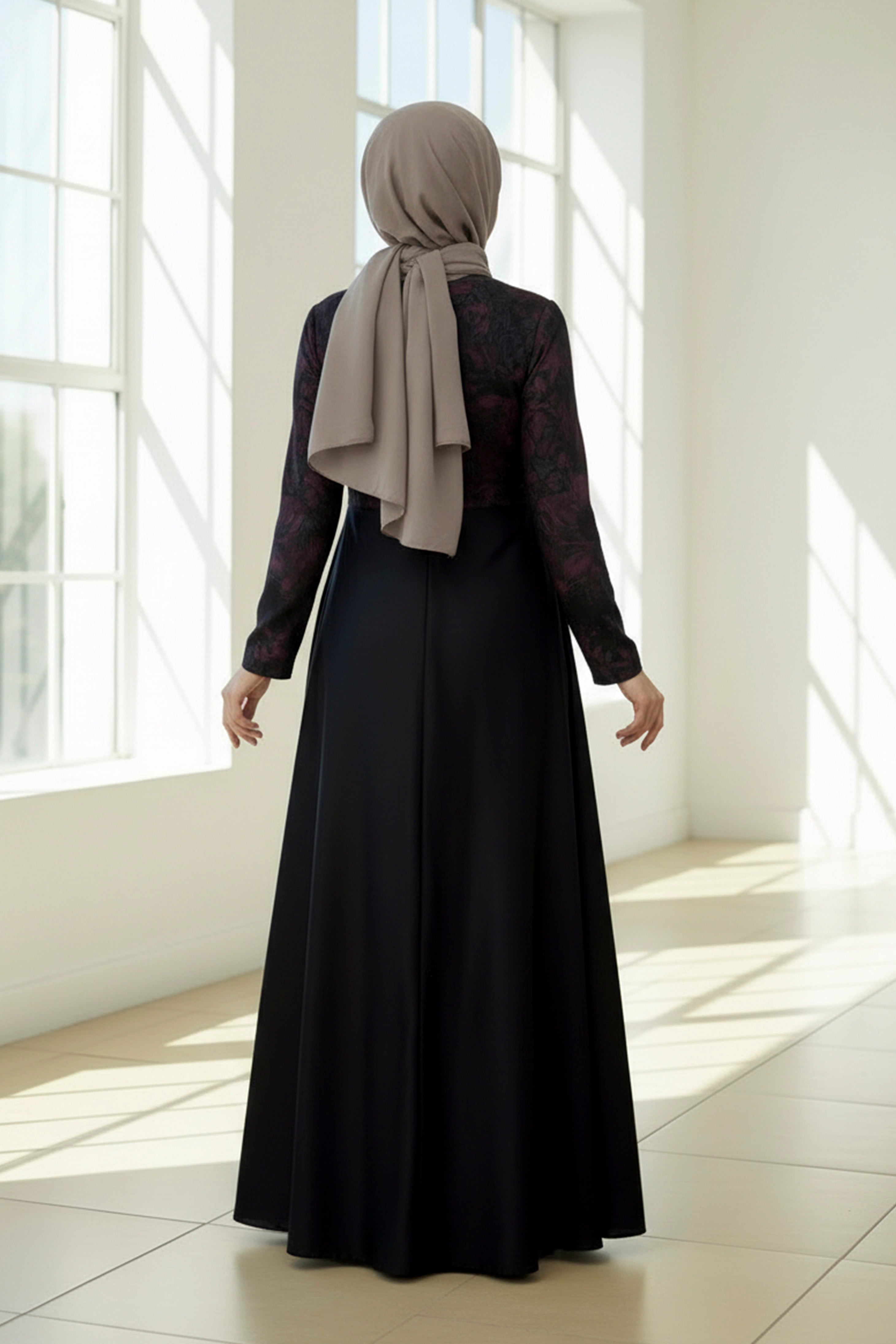 Black & Burgundy Floral Modest Maxi Dress – Long Sleeve Elegant Evening Gown