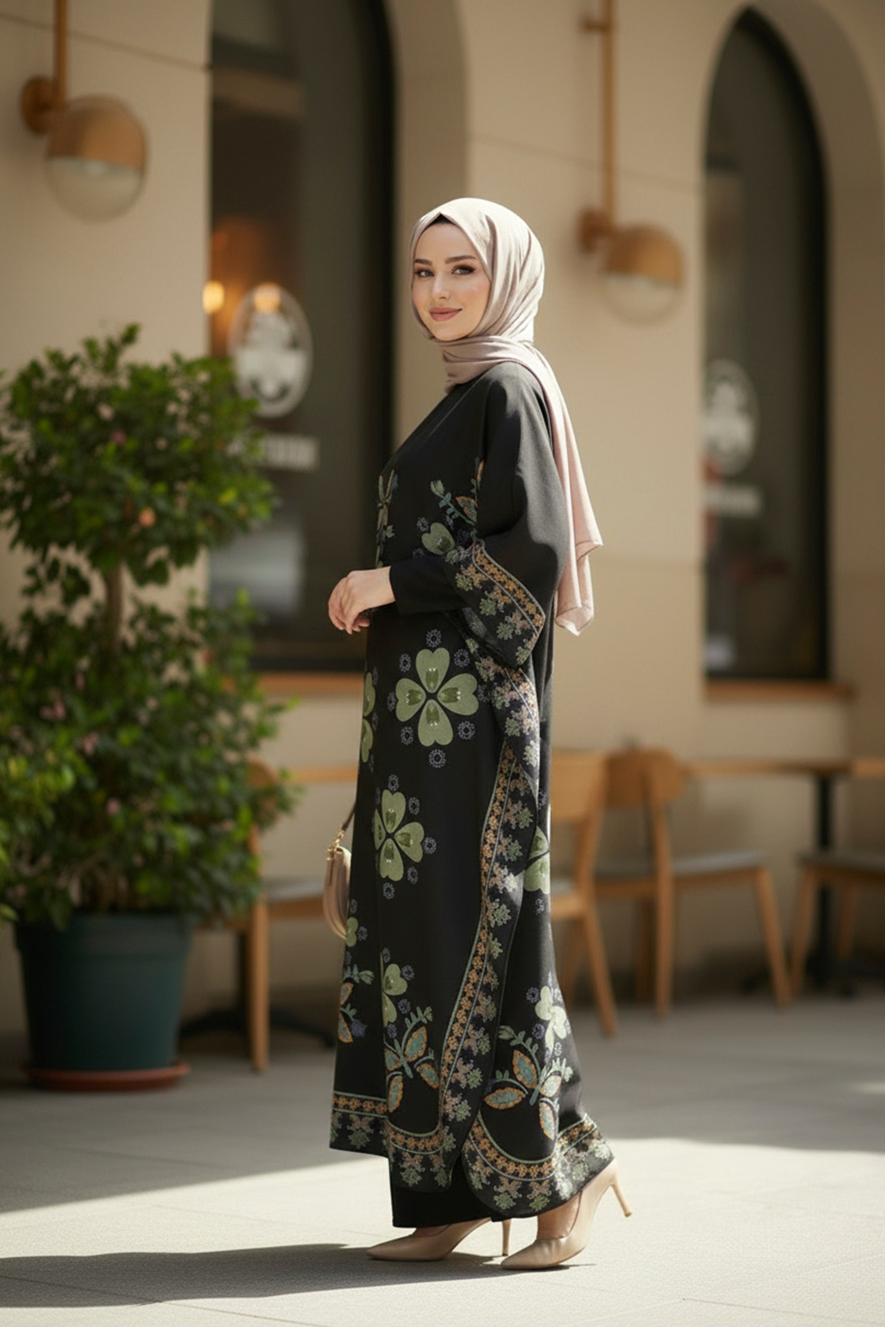 Black Floral Modest Kaftan Maxi Dress Relaxed Elegant Fit - S Black Floral Modest Kaftan Maxi Dress Relaxed Elegant Fit - S