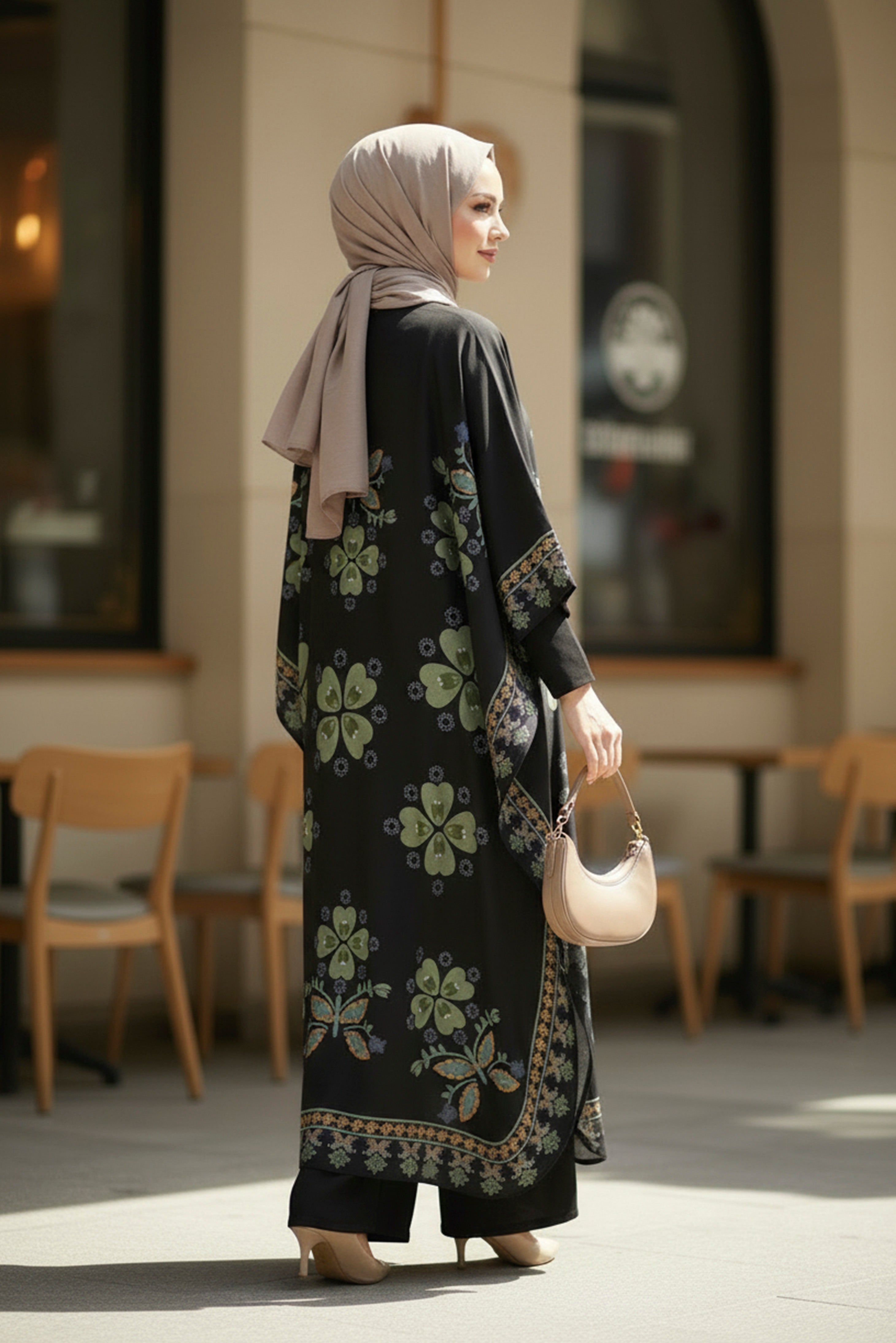 Black Floral Modest Kaftan Maxi Dress – Relaxed Elegant Fit