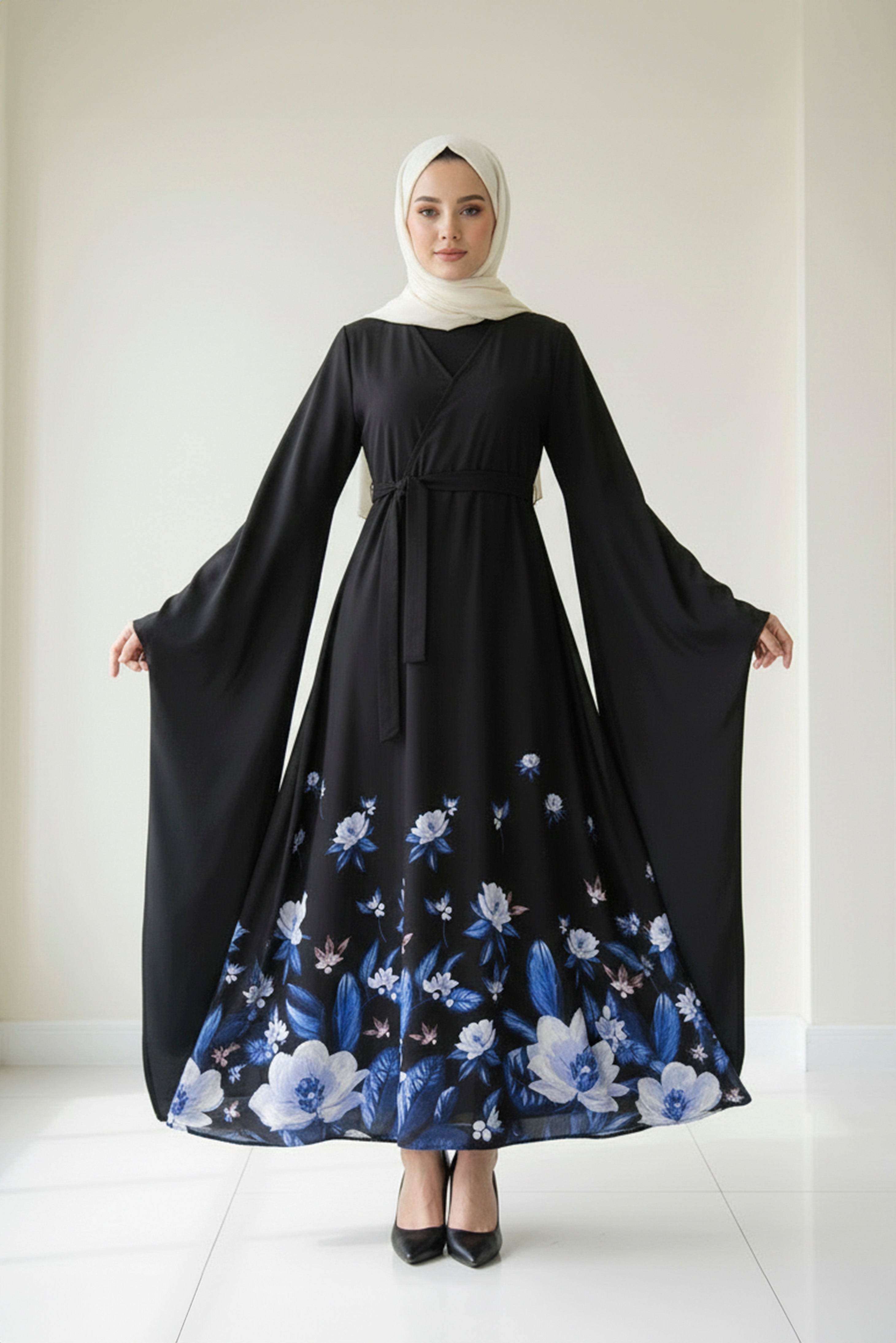 Black Floral Modest Maxi Dress with Wide Sleeves – Elegant Evening Dress for Women L