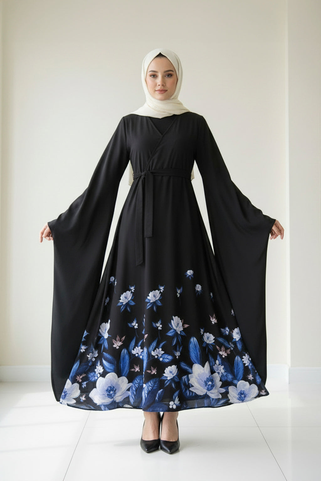 Black Floral Modest Maxi Dress with Wide Sleeves – Elegant Evening Dress for Women