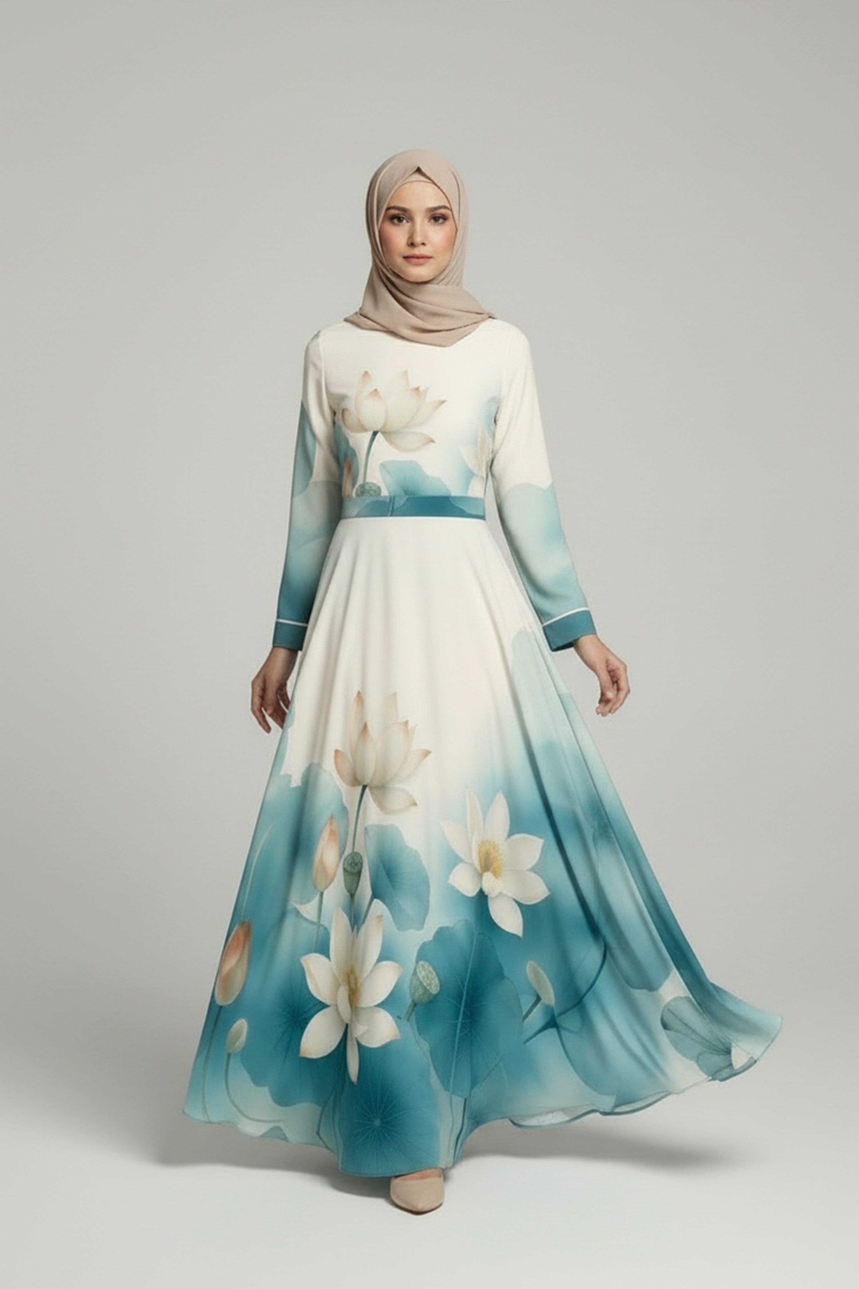 Blue Bloom Gradient Modest Maxi Dress