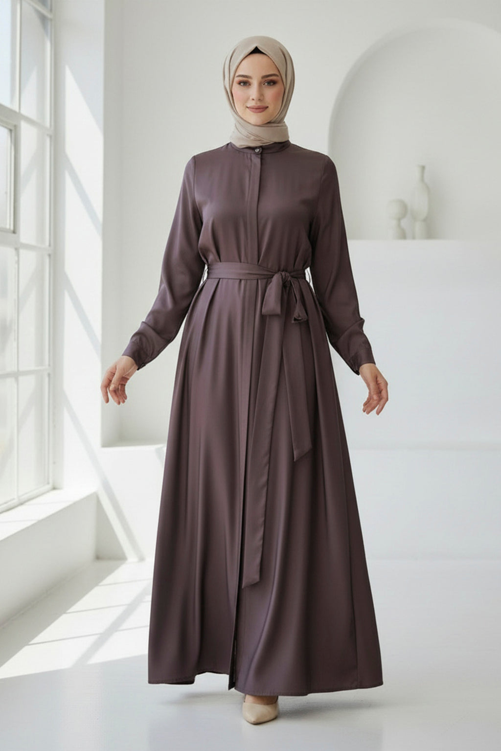 Dark Mauve Belted Modest Maxi Dress – Classic & Elegant
