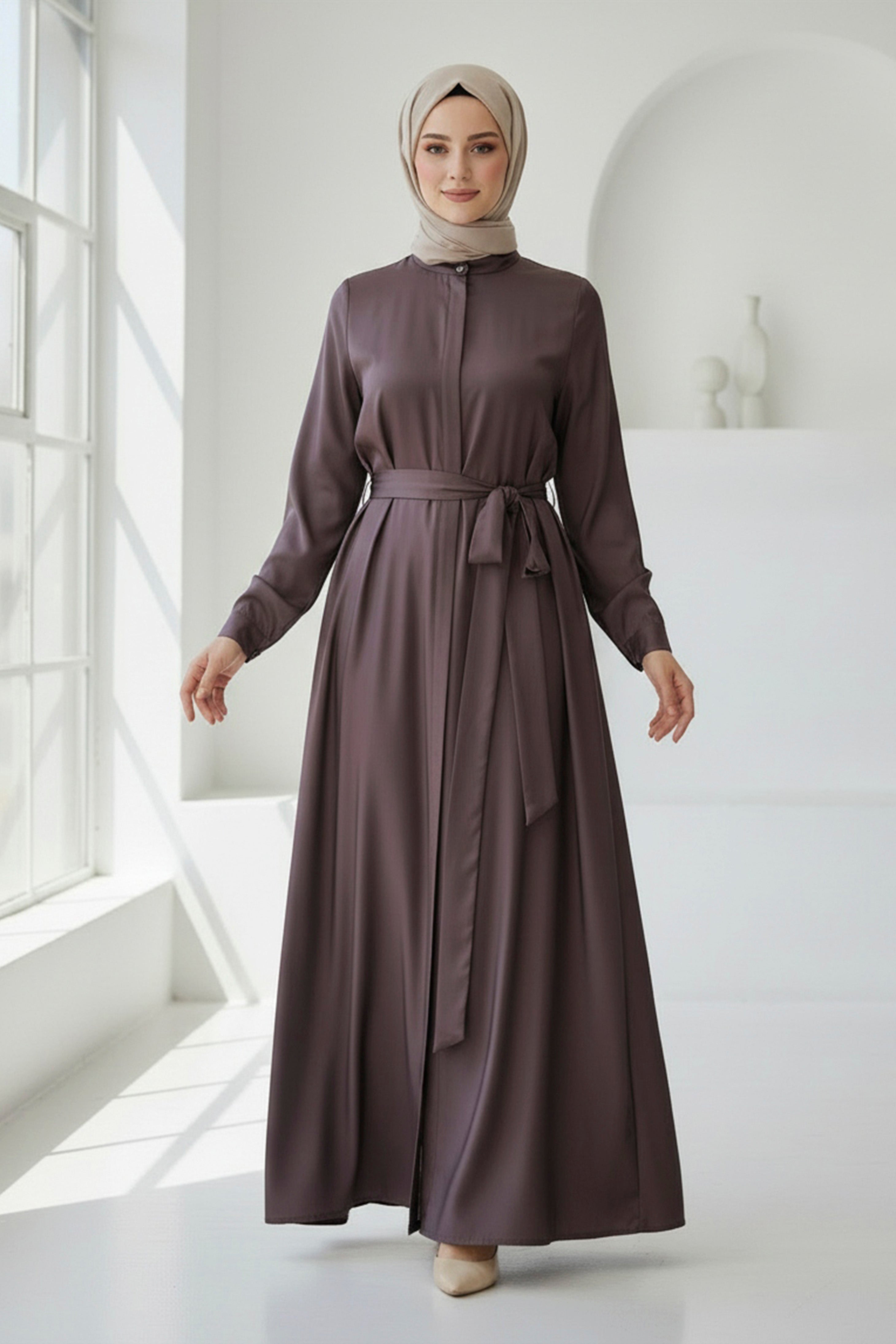 Dark Mauve Belted Modest Maxi Dress – Classic & Elegant