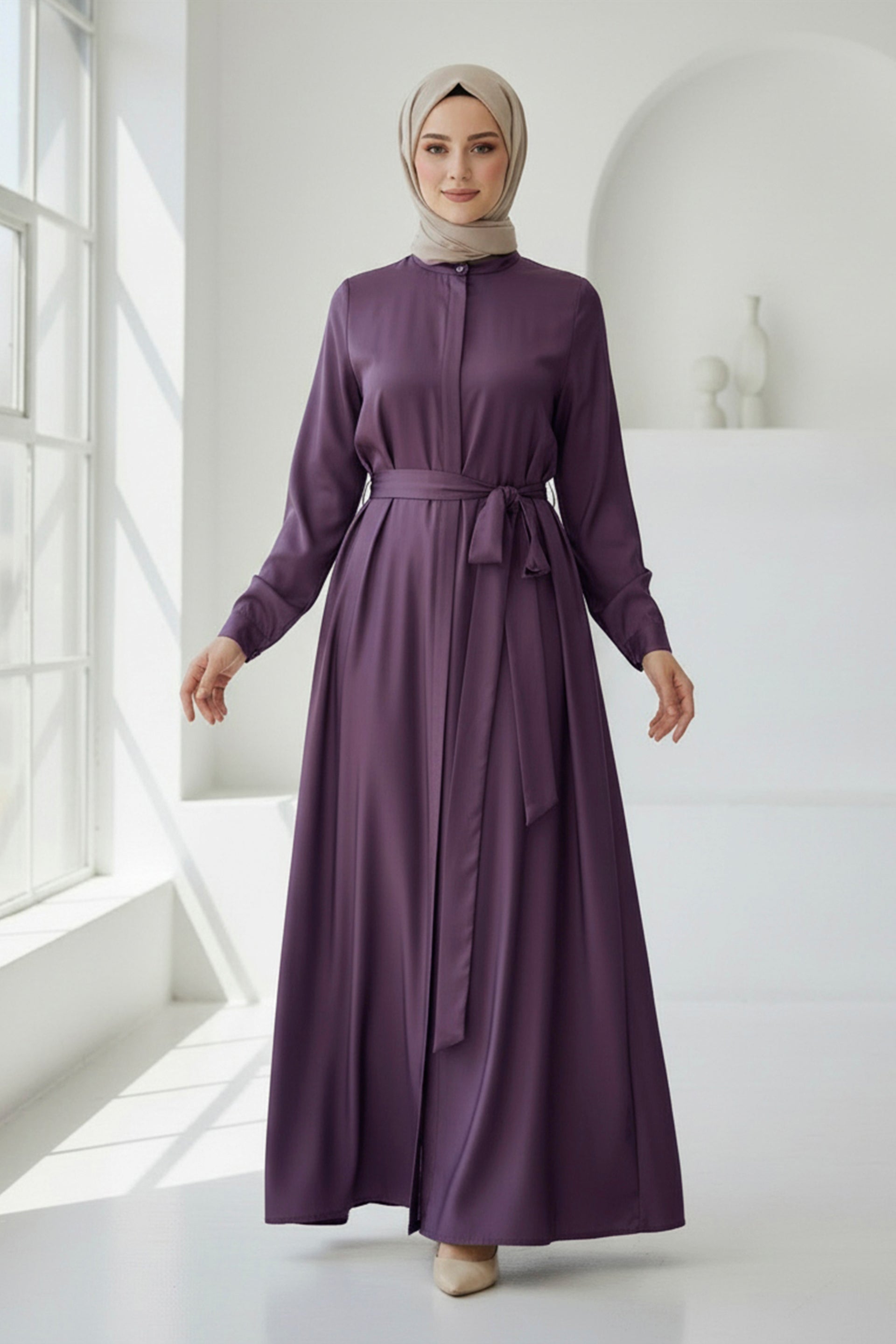 Dark Mauve Belted Modest Maxi Dress  Classic & Elegant  TOLAVITA