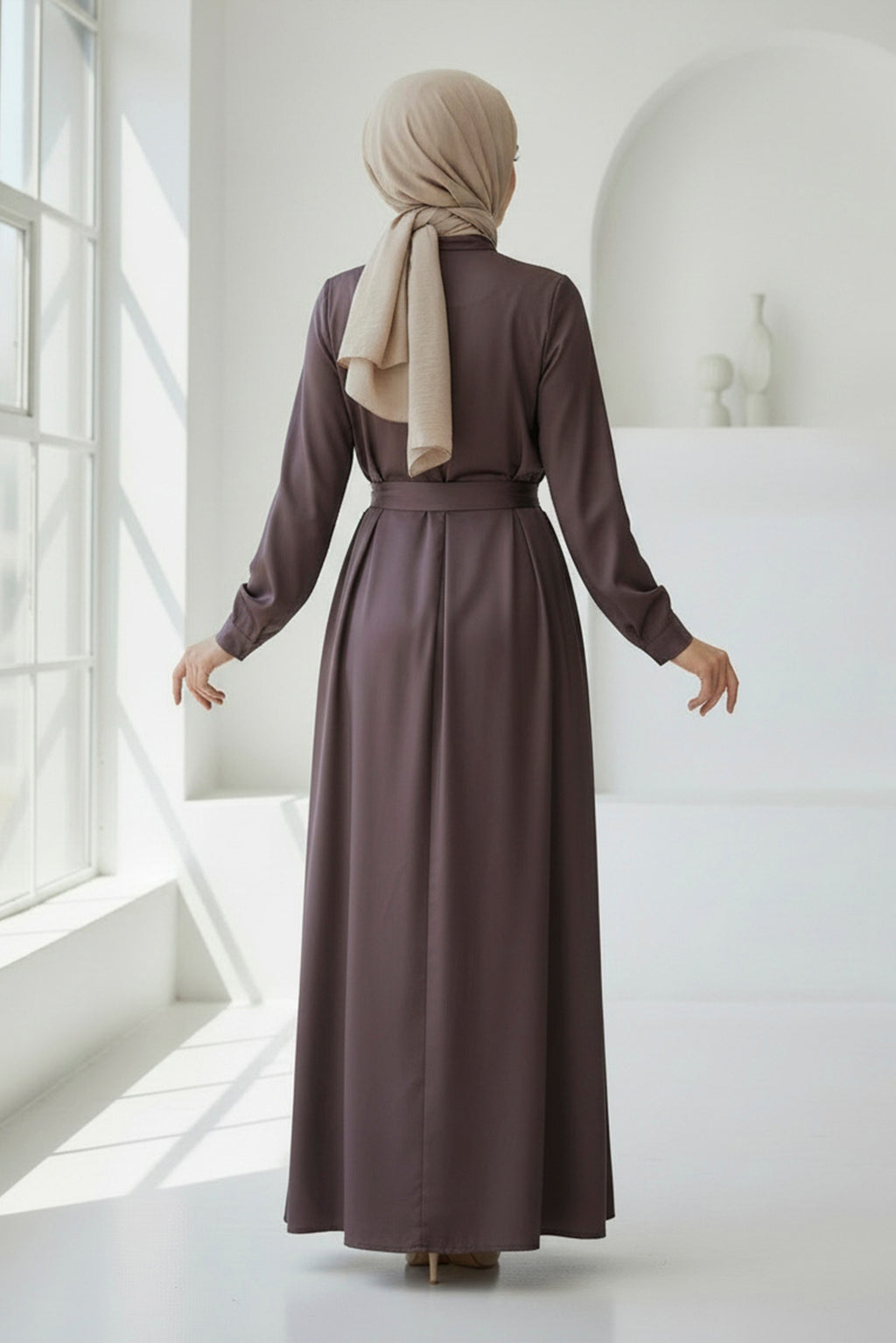 Dark Mauve Belted Modest Maxi Dress – Classic & Elegant