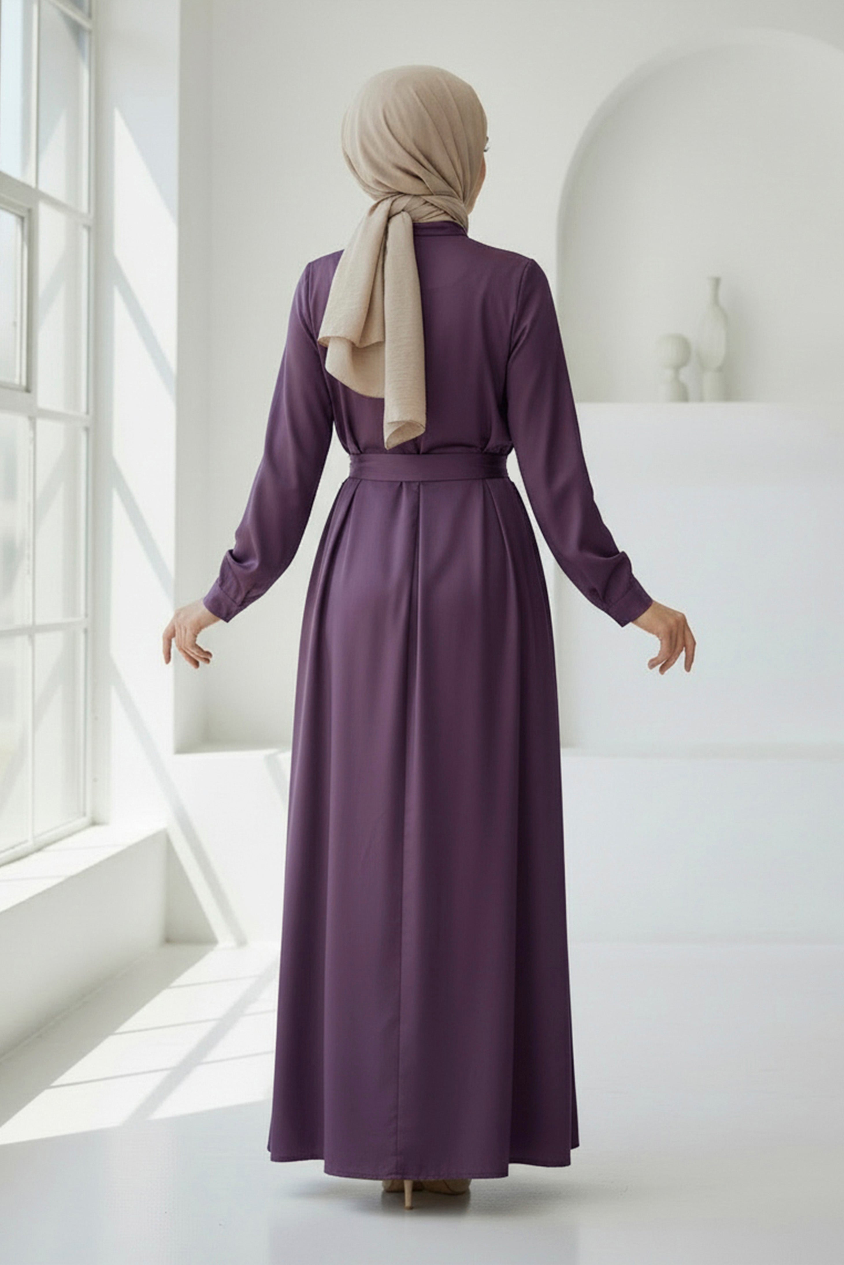 Dark Mauve Belted Modest Maxi Dress – Classic & Elegant