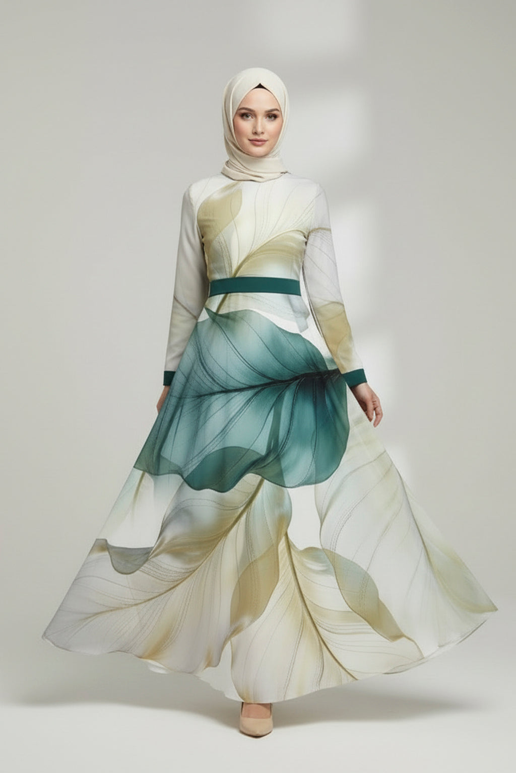 Green Artistic Modest Maxi Dress – Elegant Flowing Silhouette