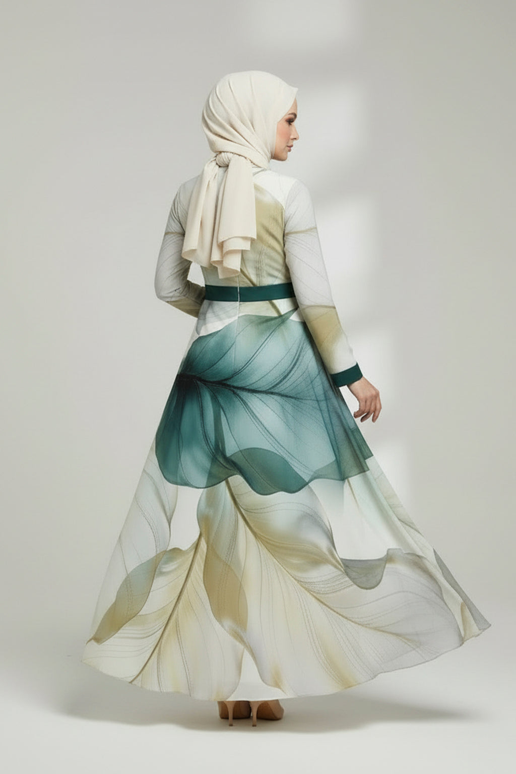 Green Artistic Modest Maxi Dress – Elegant Flowing Silhouette