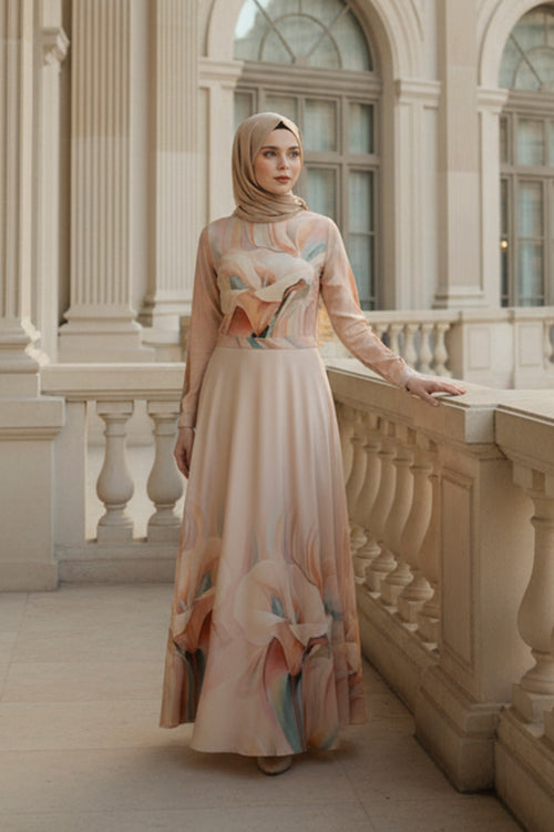 Peach Floral Modest Maxi Dress – Soft Feminine Elegance M Peach Floral Modest Maxi Dress – Soft Feminine Elegance M