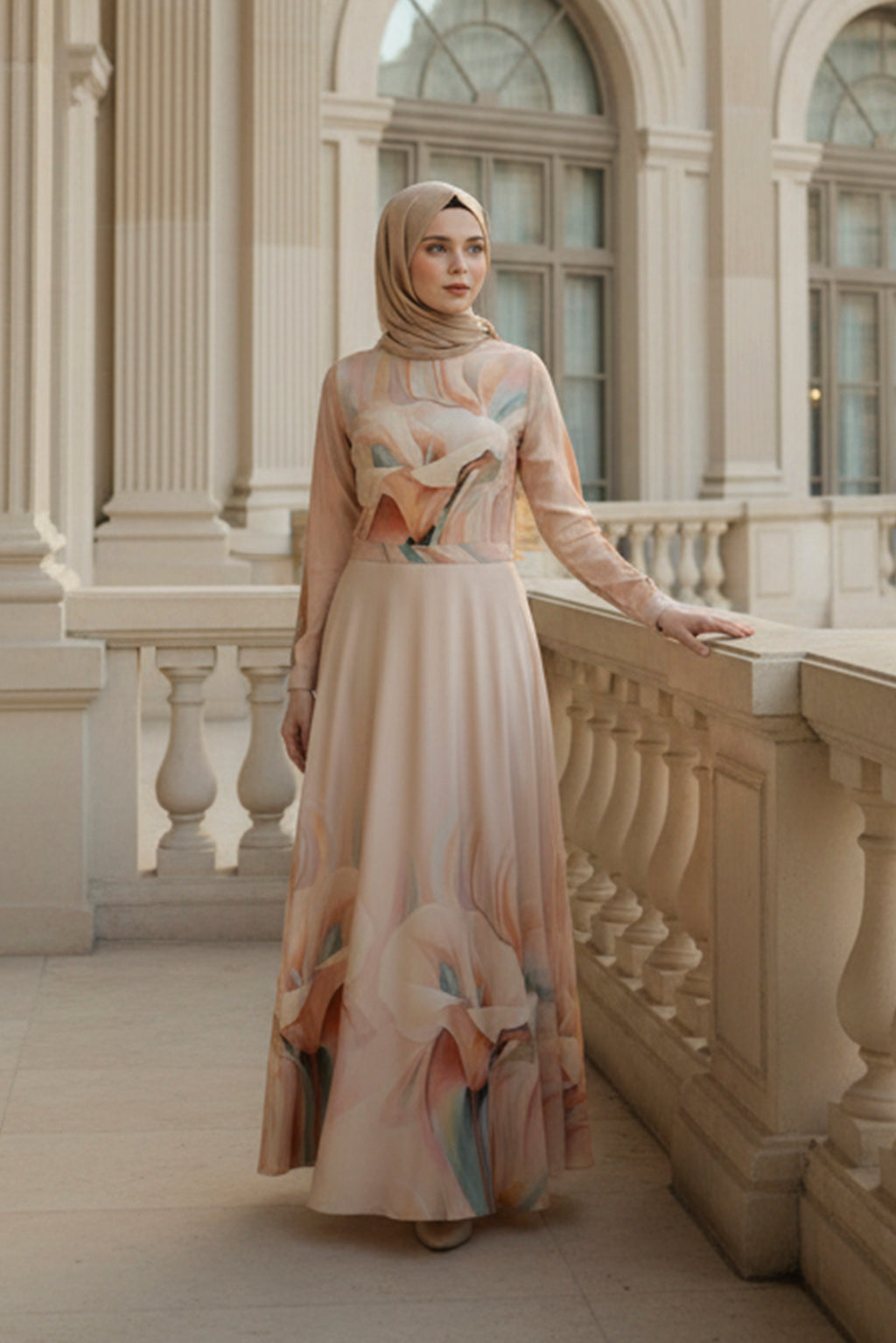 Peach Floral Modest Maxi Dress – Soft Feminine Elegance