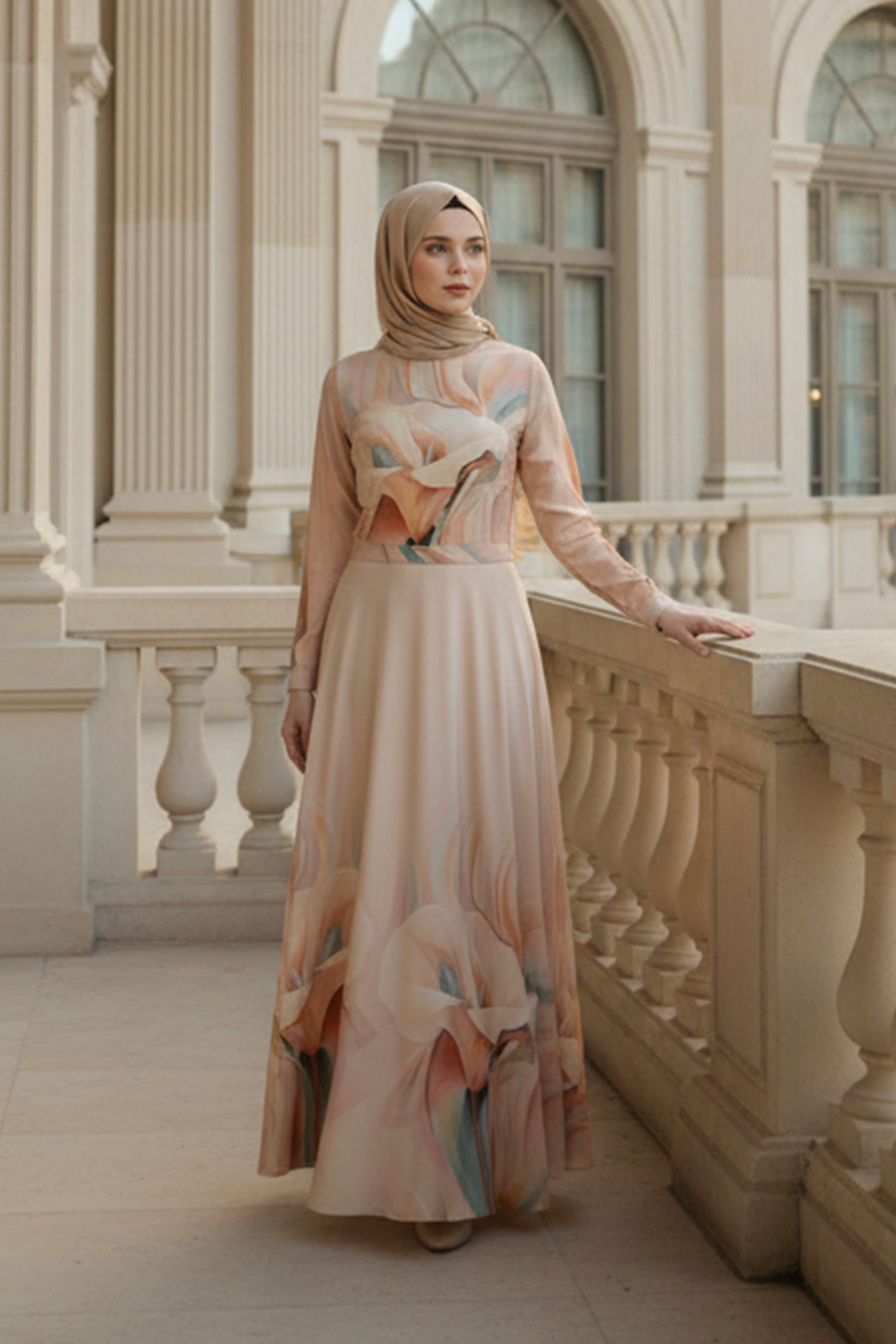 Peach Floral Modest Maxi Dress – Soft Feminine Elegance