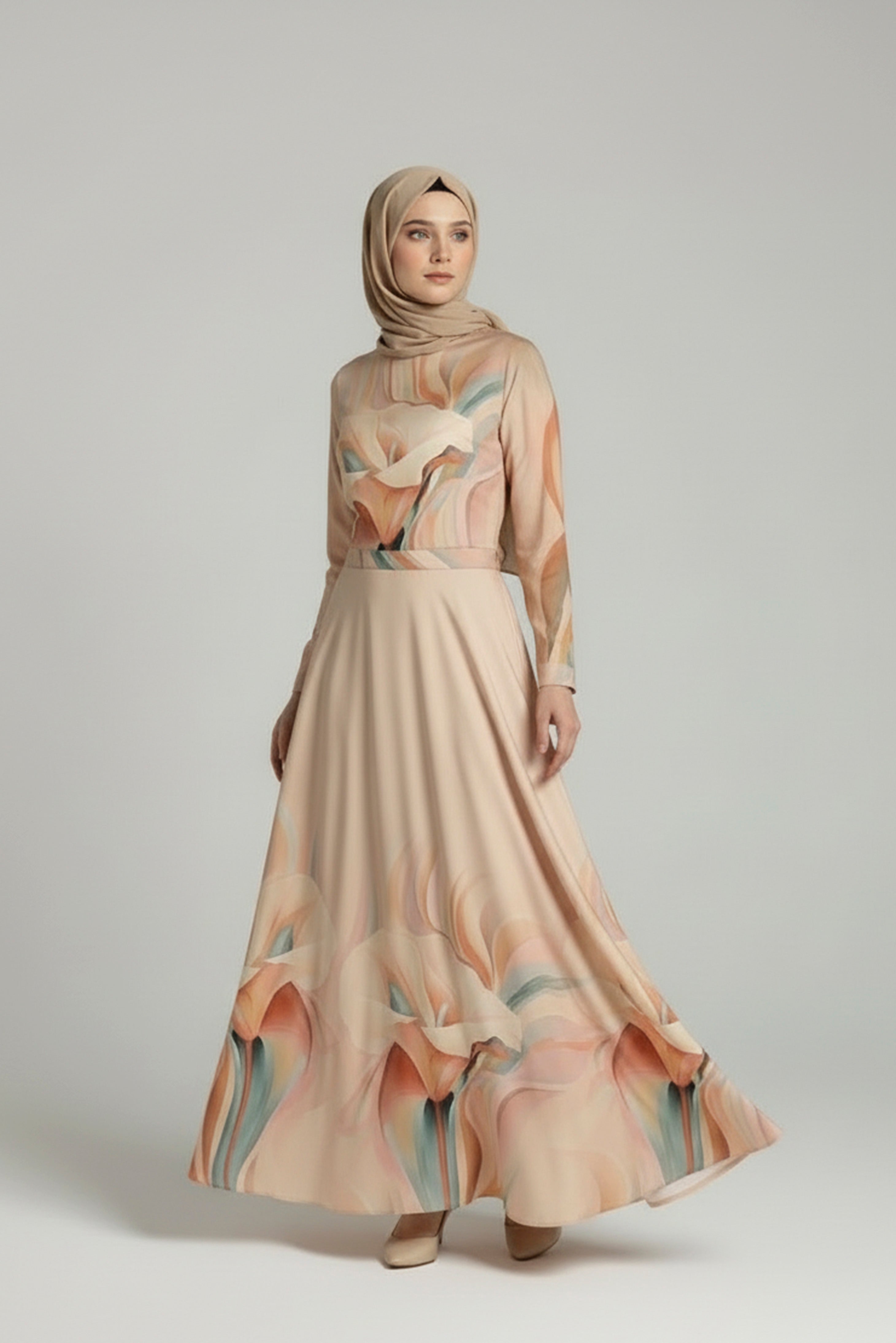Peach Floral Modest Maxi Dress – Soft Feminine Elegance