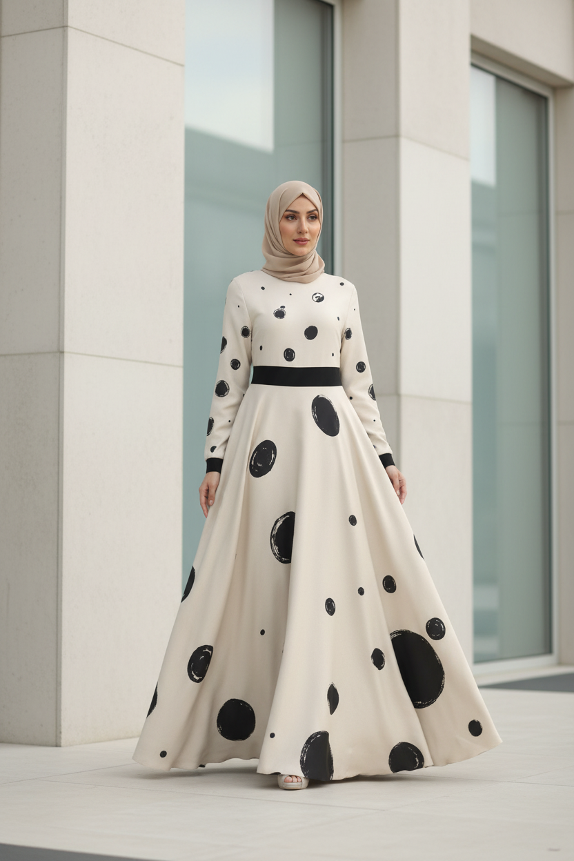 Woman wearing a polka dot dress with a hijab standing in front of a modern building.