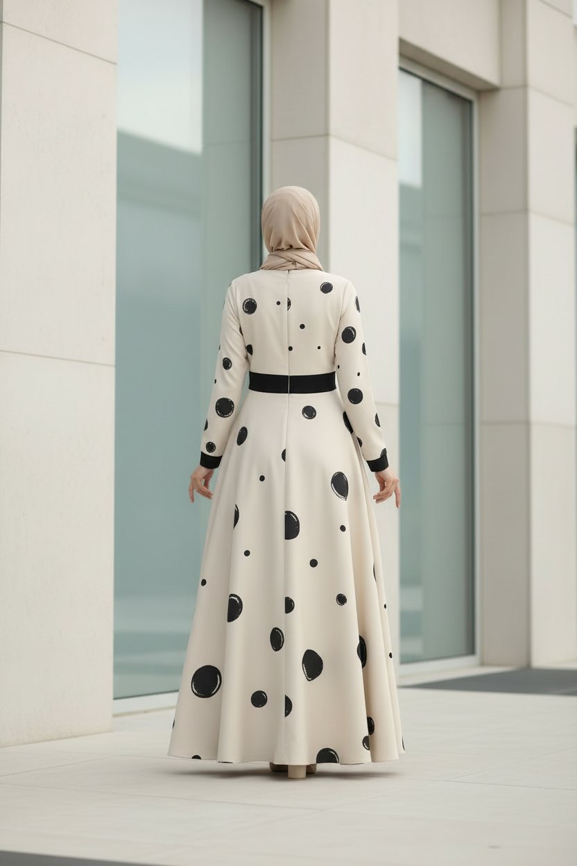 Woman wearing a long, white dress with black polka dots and a black belt, standing in front of a modern building.