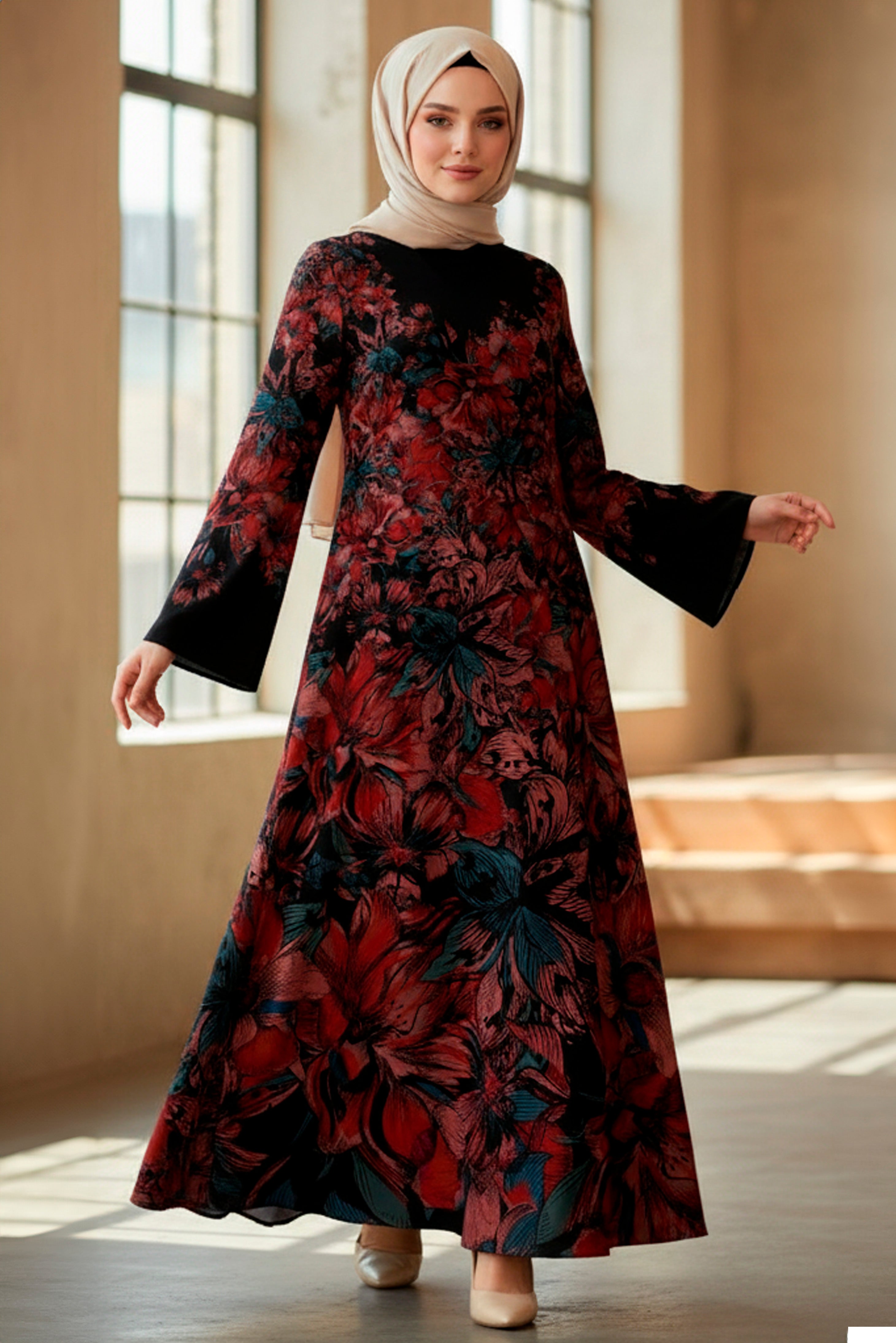 Red and Black Floral Modest Maxi Dress – Evening Elegance