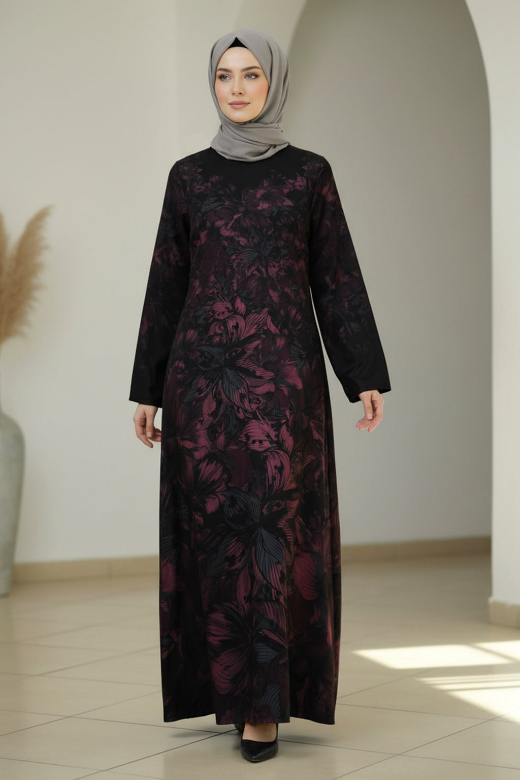 Red and Black Floral Modest Maxi Dress – Evening Elegance