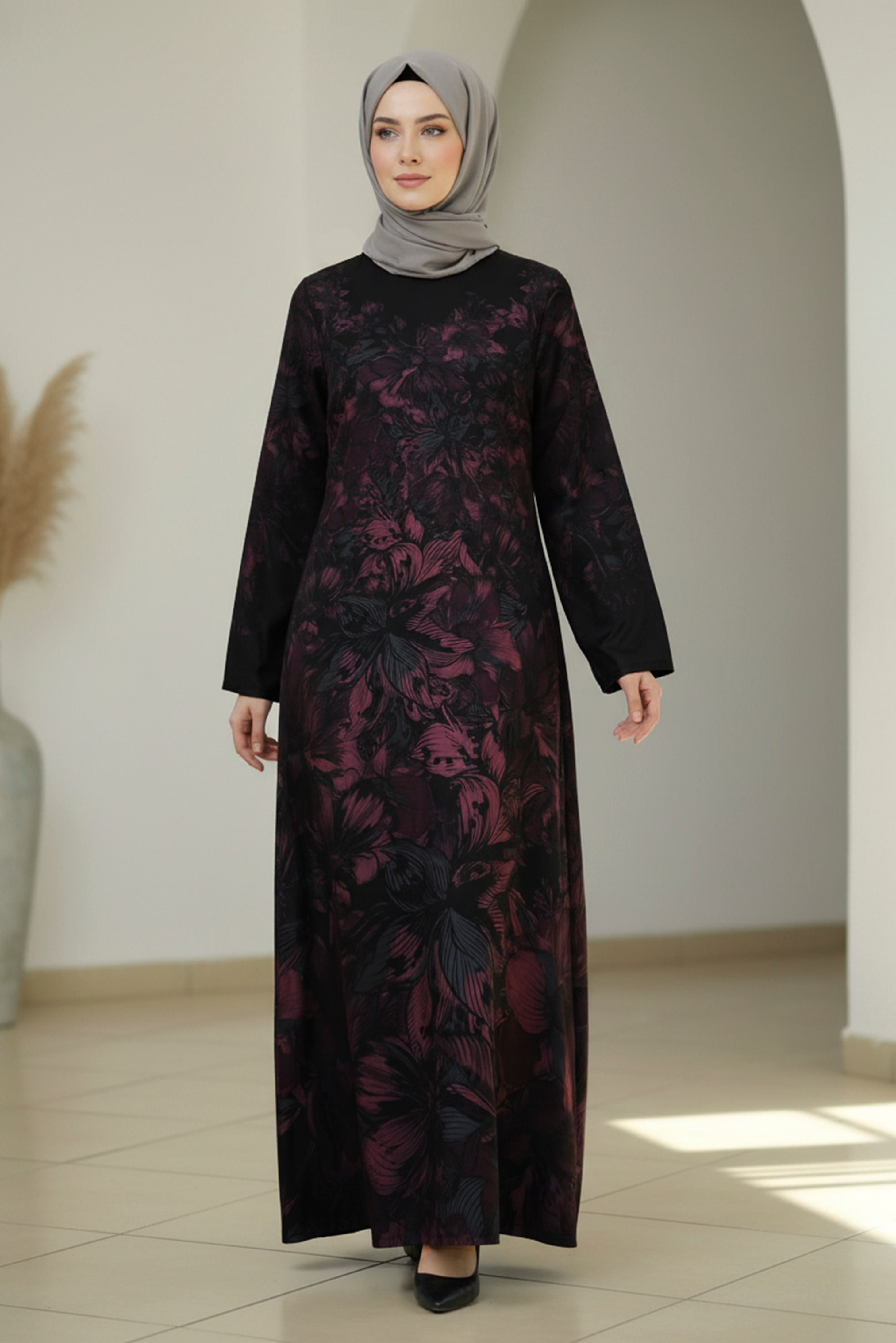 Red and Black Floral Modest Maxi Dress – Evening Elegance