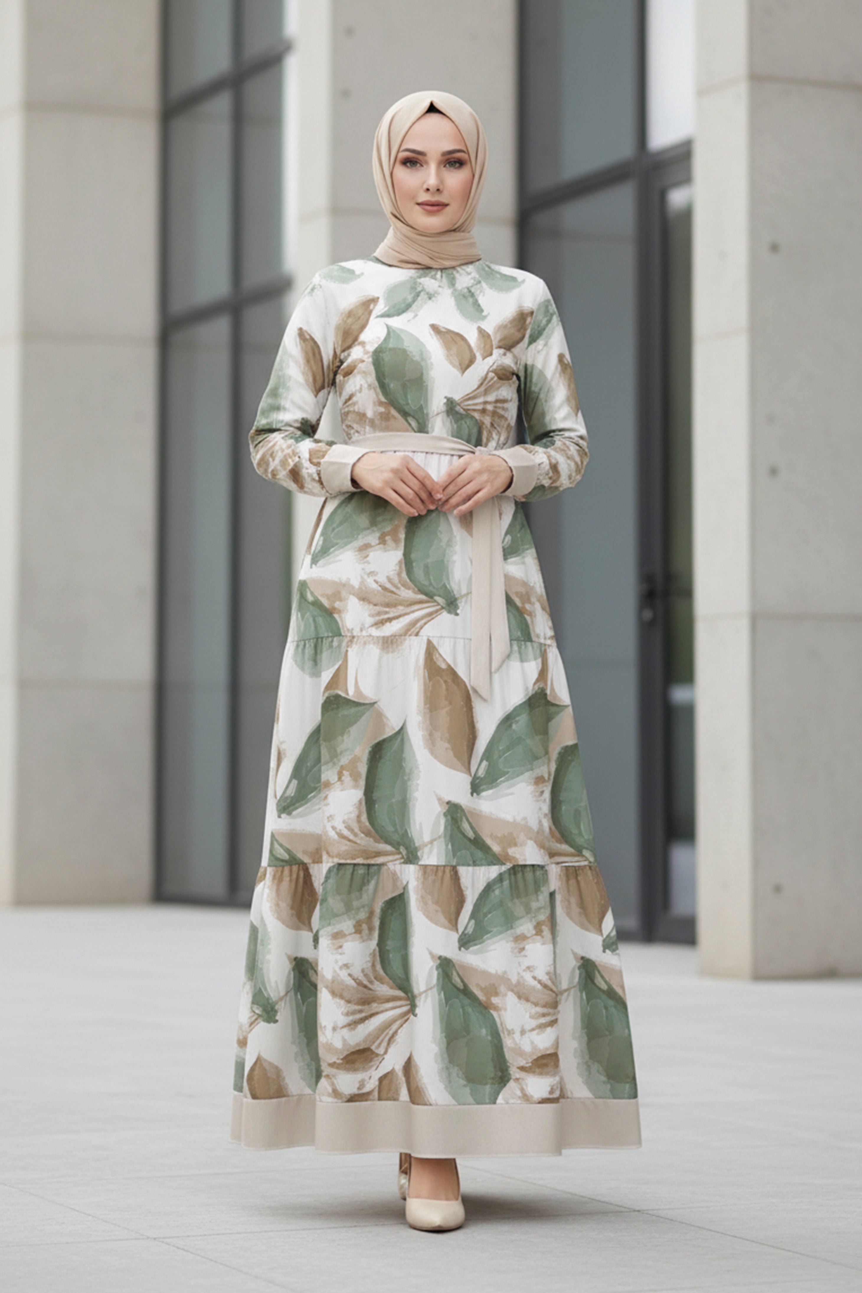 Elegant sage leaf modest maxi dress with long sleeves and waist belt – modest fashion by Tolavita