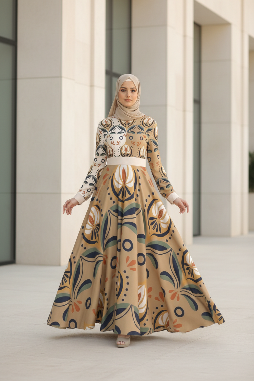 Woman wearing a long, patterned dress with a hijab in an outdoor setting.