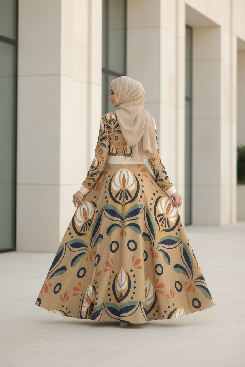 Woman in a patterned dress and hijab walking outdoors.
