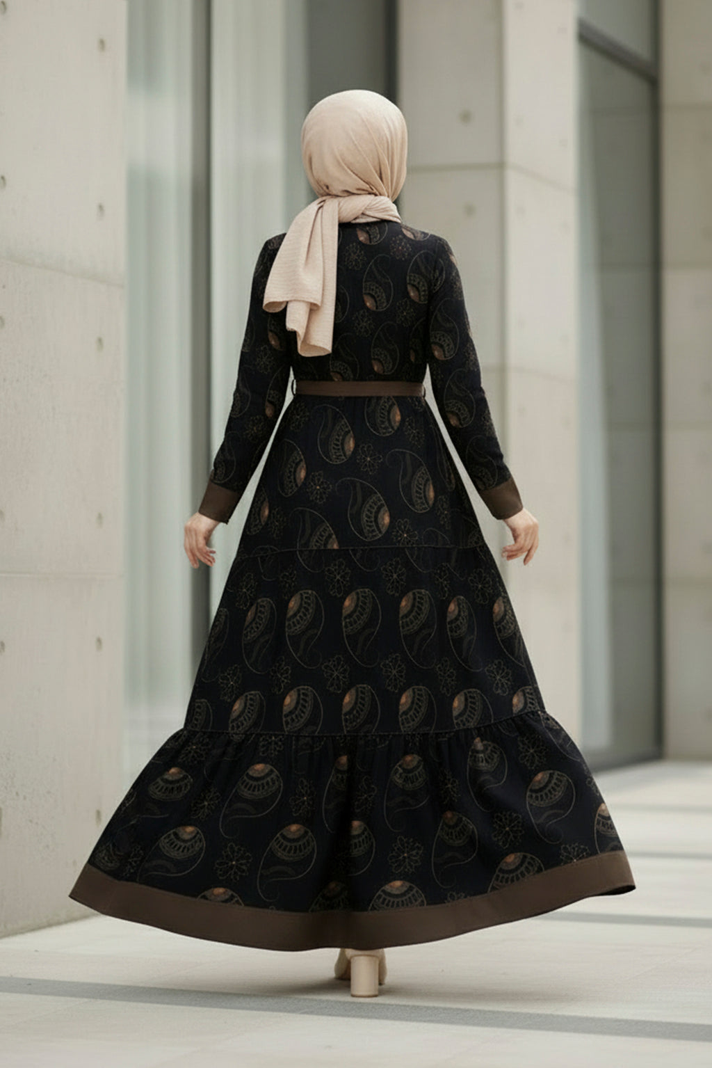 Noir Paisley Elegant Modest Maxi Dress – Long Sleeve Belted Dress