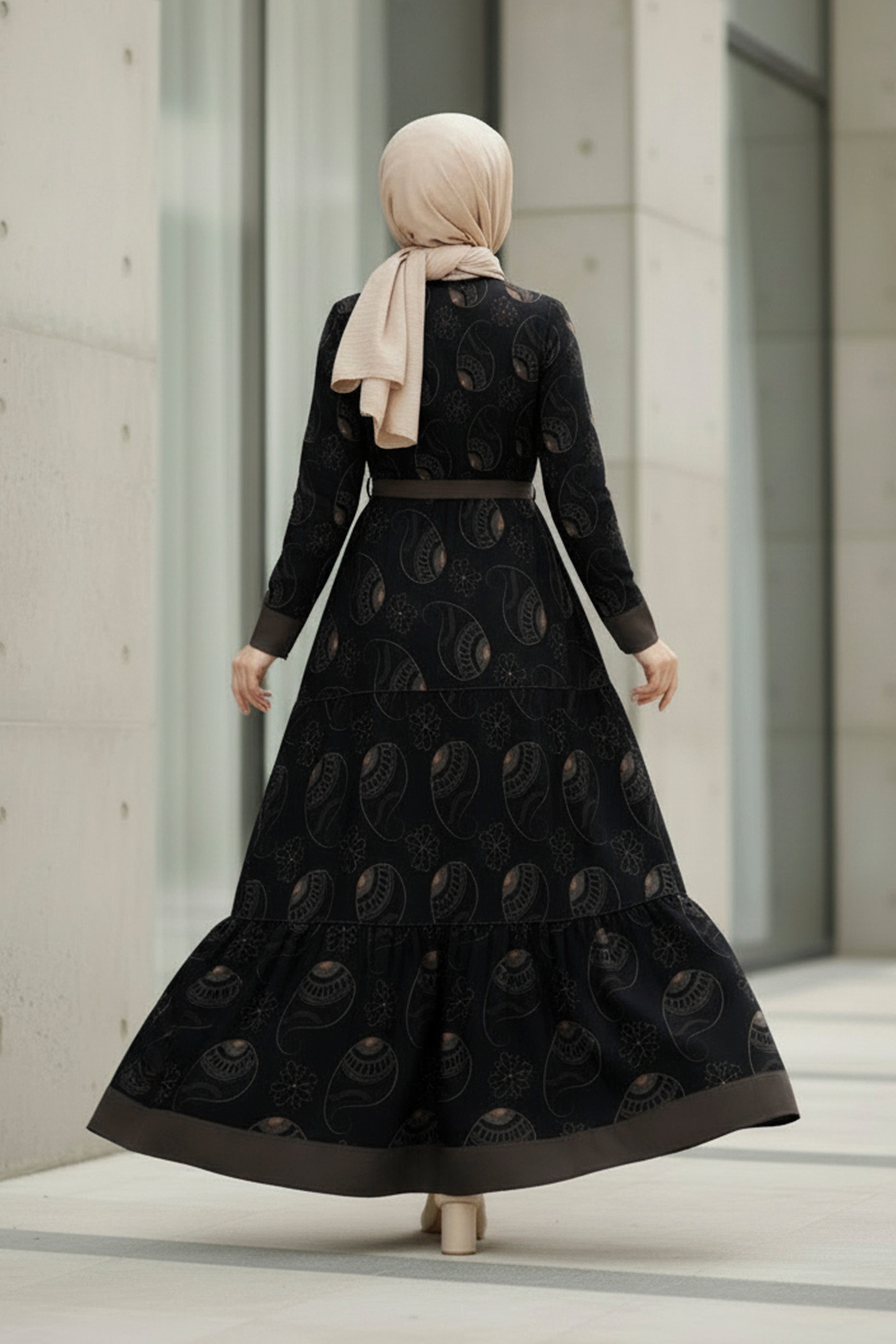 Noir Paisley Elegant Modest Maxi Dress – Long Sleeve Belted Dress