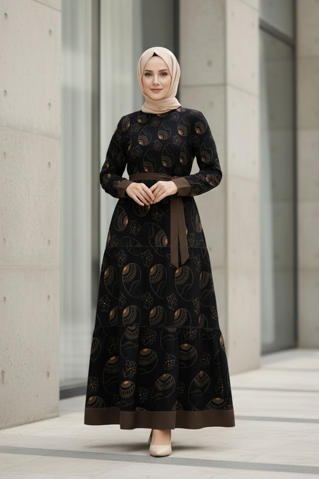 Noir Paisley Elegant Modest Maxi Dress – Long Sleeve Belted Dress