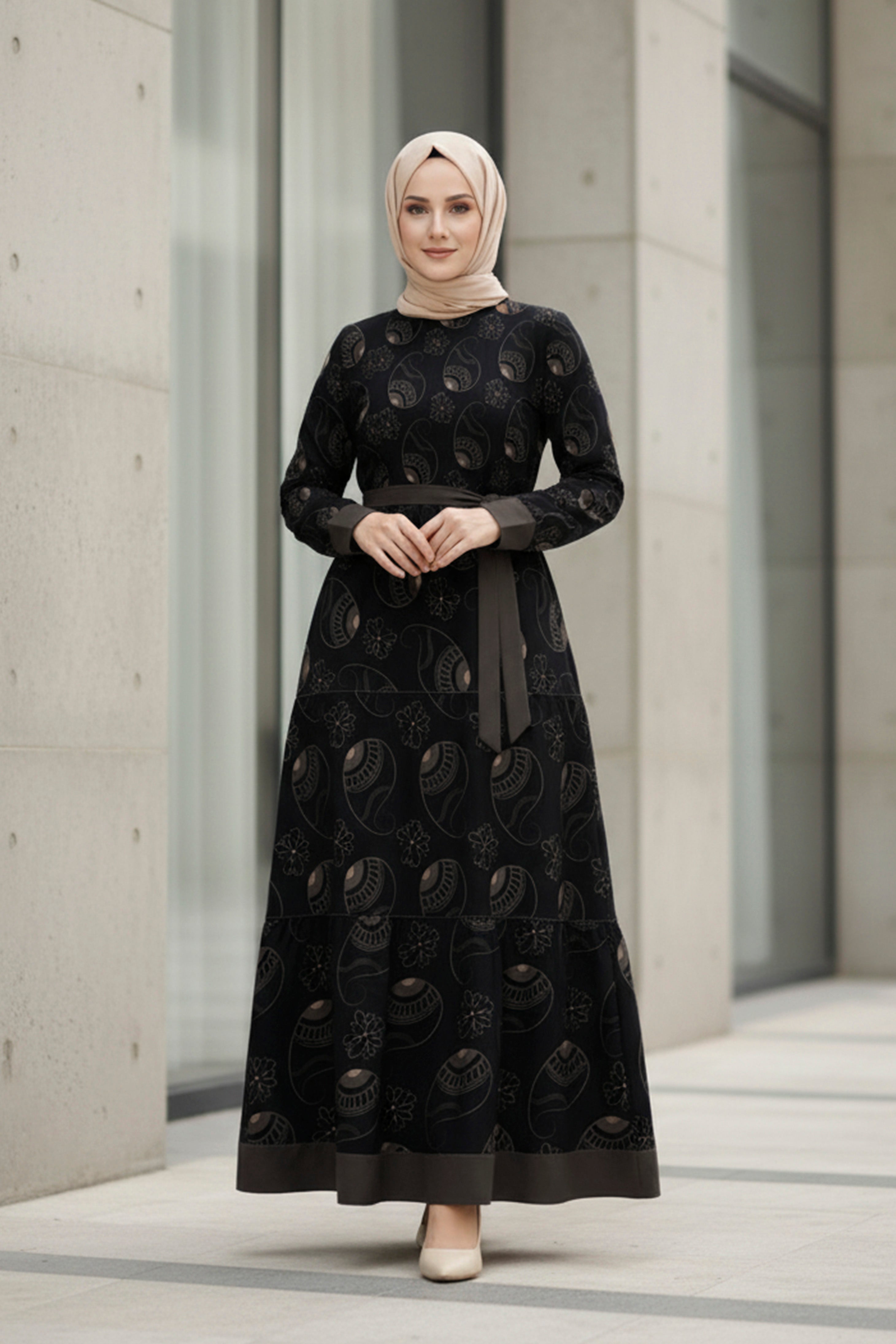 Noir Paisley Elegant Modest Maxi Dress – Long Sleeve Belted Dress