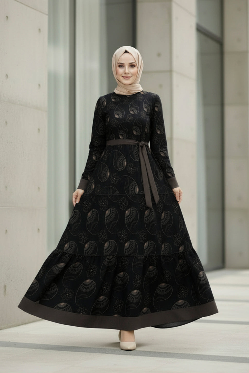 Noir Paisley Elegant Modest Maxi Dress – Long Sleeve Belted Dress