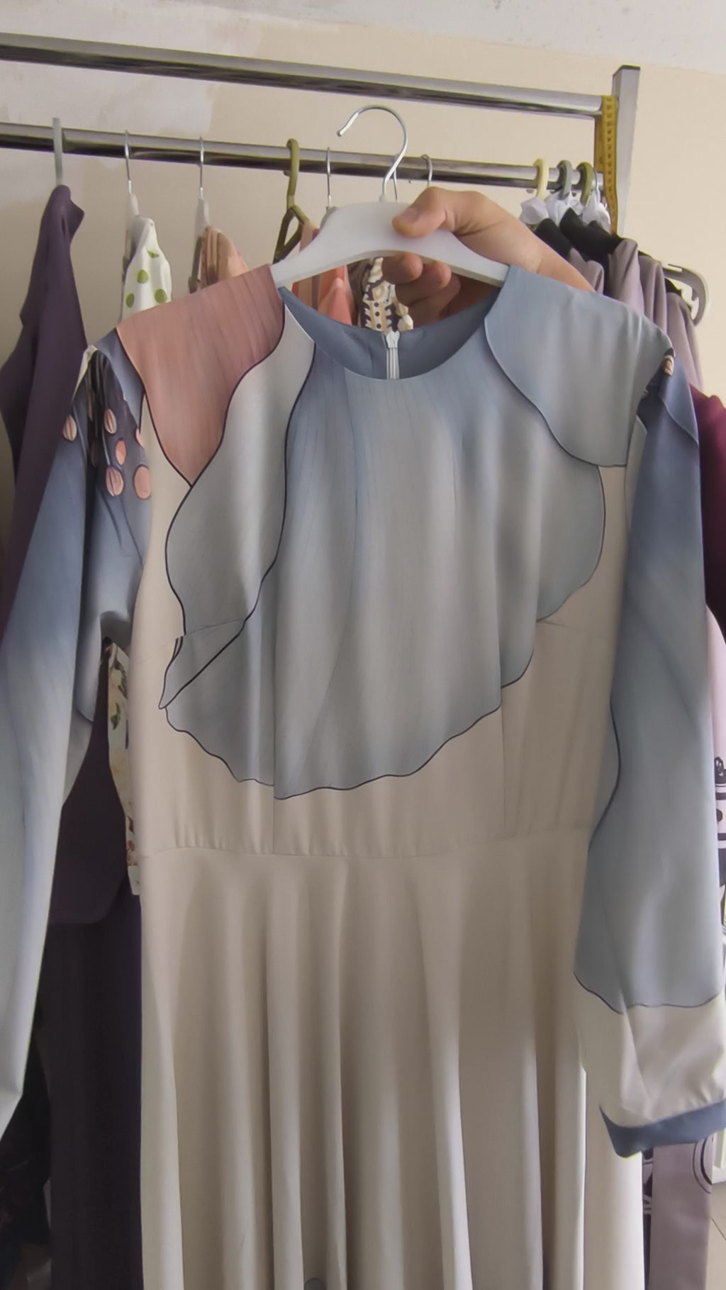 Artistic Floral Modest Maxi Dress with Soft Blue Petal Design