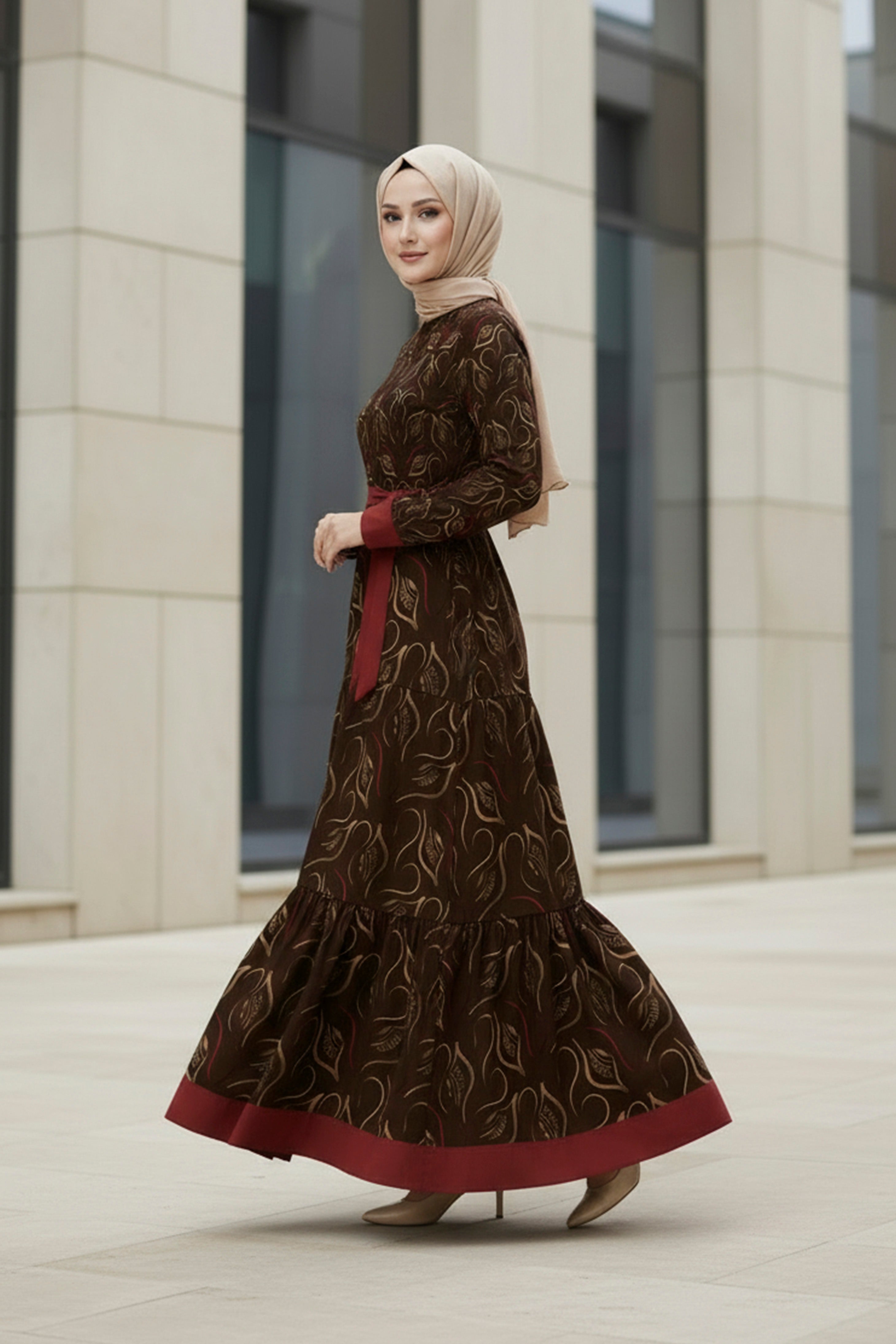 Elegant ruby noir modest maxi dress with long sleeves and waist belt modest fashion by Tolavita 